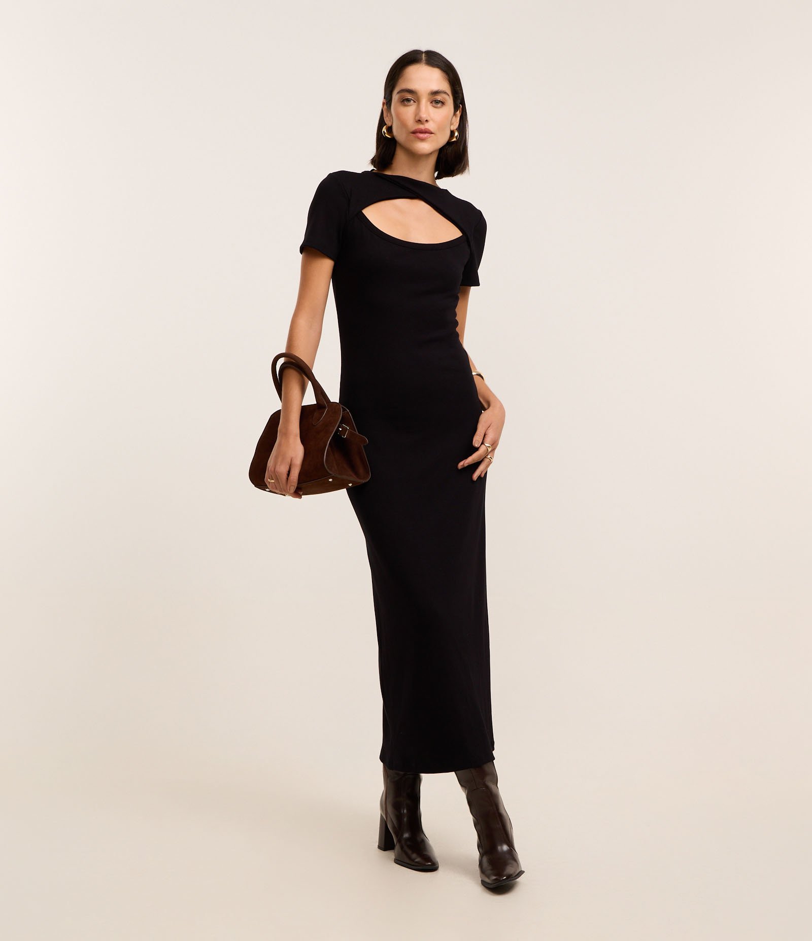 Vestido Long Midi em Ribana com Torcido no Decote e Recorte Vazado Preto 1