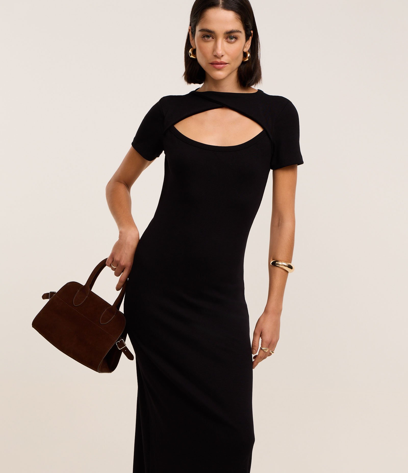 Vestido Long Midi em Ribana com Torcido no Decote e Recorte Vazado Preto 2