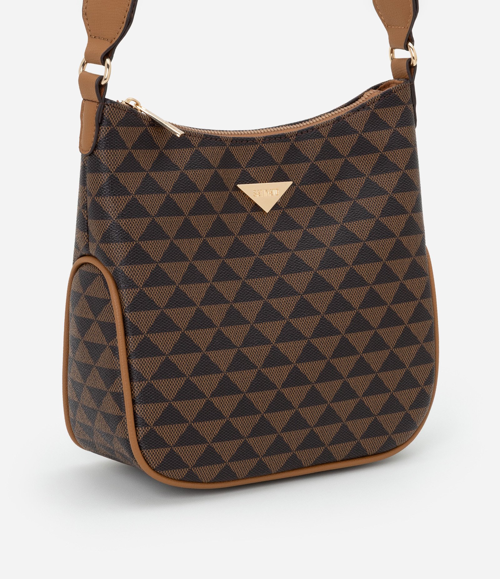 Bolsa Potsman Pequena com Estampa Triangular e Alça Estampada com Gorgorão Marrom 2