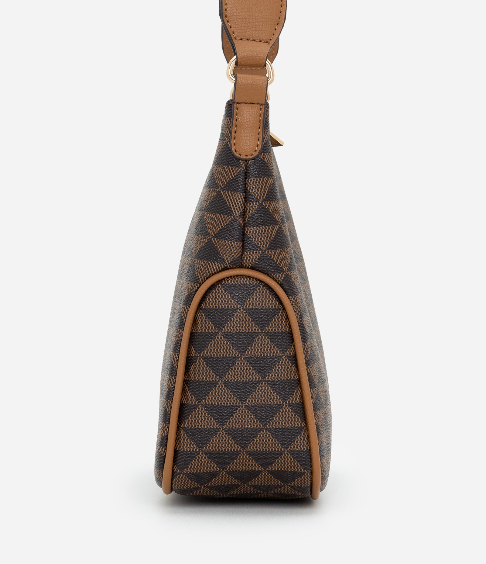 Bolsa Potsman Pequena com Estampa Triangular e Alça Estampada com Gorgorão Marrom 3