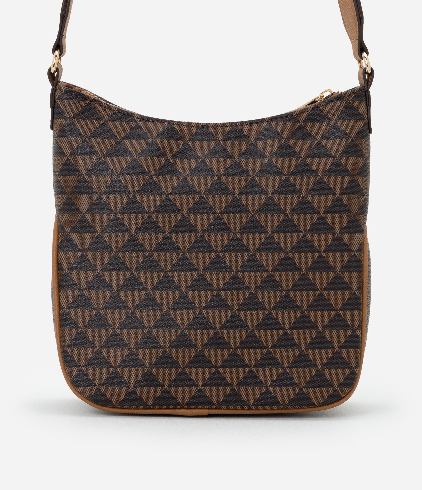Bolsa Potsman Pequena com Estampa Triangular e Alça Estampada com Gorgorão Marrom 4