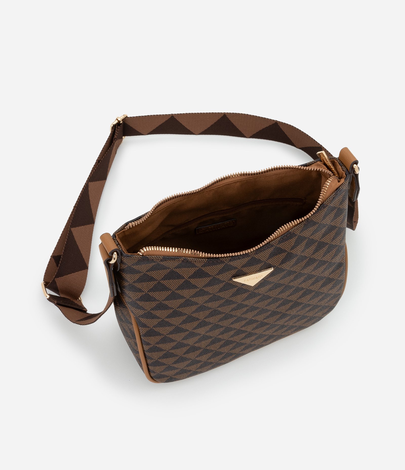 Bolsa Potsman Pequena com Estampa Triangular e Alça Estampada com Gorgorão Marrom 6
