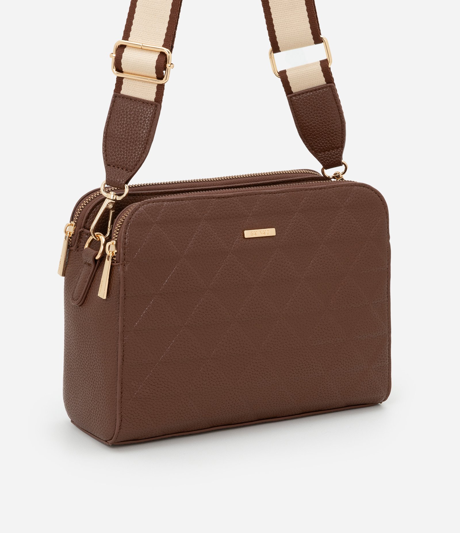 Bolsa Transversal Média com Textura Embossed e Alça de Gorgorão Marrom 1