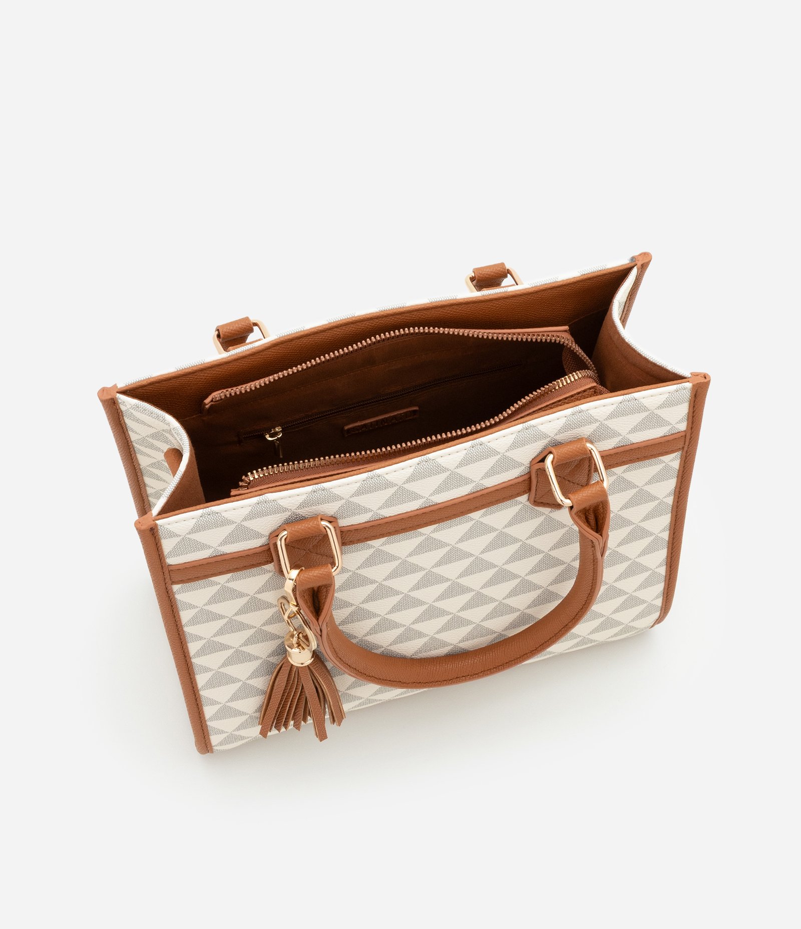 Bolsa Satchel Média com Tássel e Estampa Triangular Off White 9