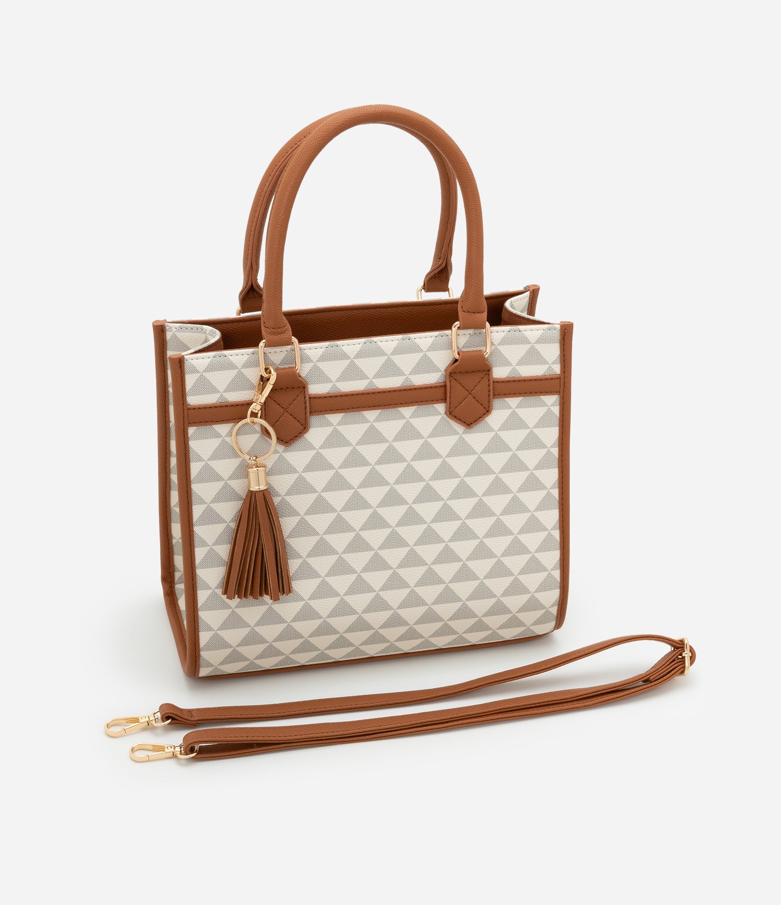 Bolsa Satchel Média com Tássel e Estampa Triangular Off White 10