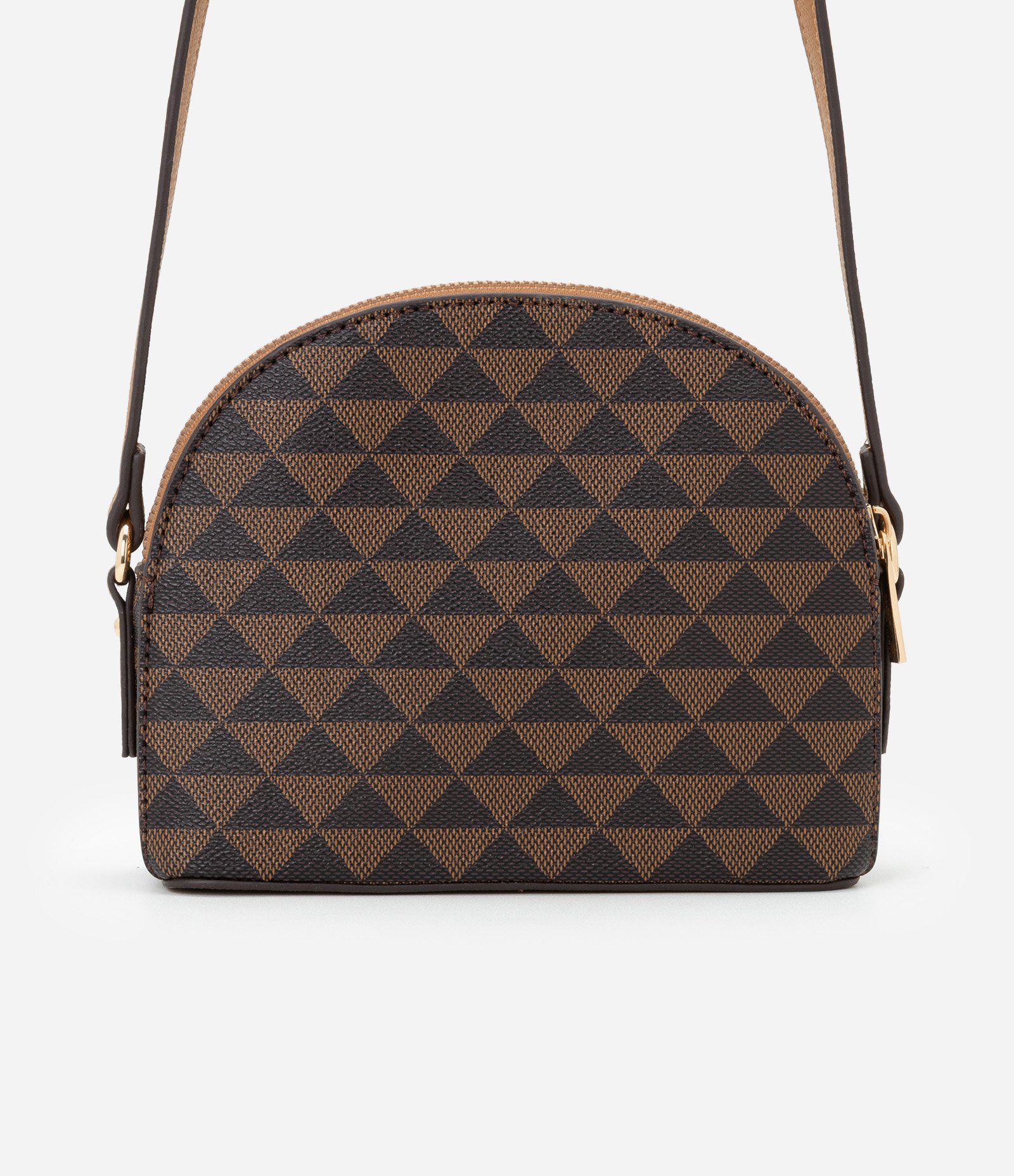 Bolsa Transversal Pequena com Estampa Triangular e Alça de Correntes Marrom 4