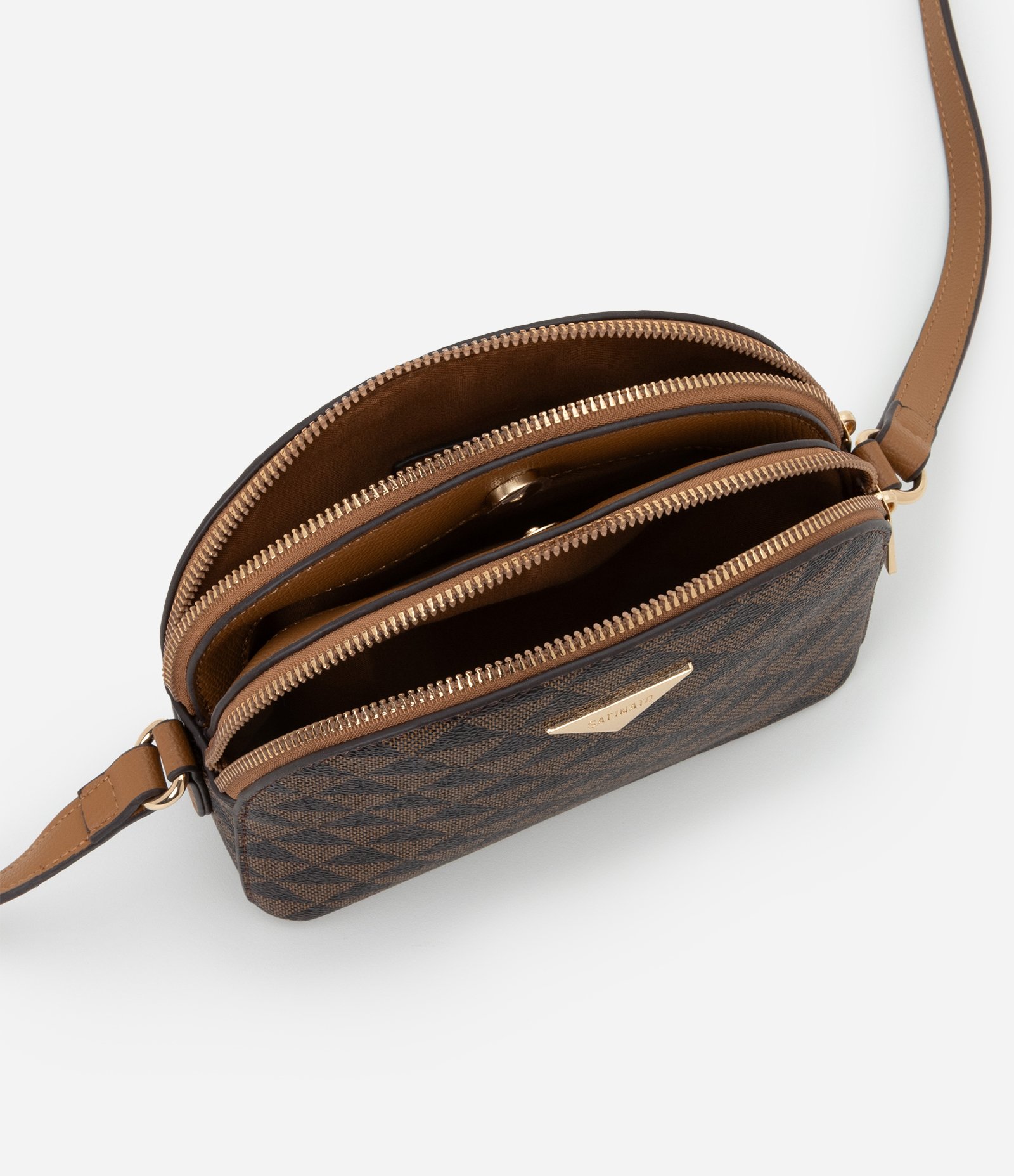 Bolsa Transversal Pequena com Estampa Triangular e Alça de Correntes Marrom 5