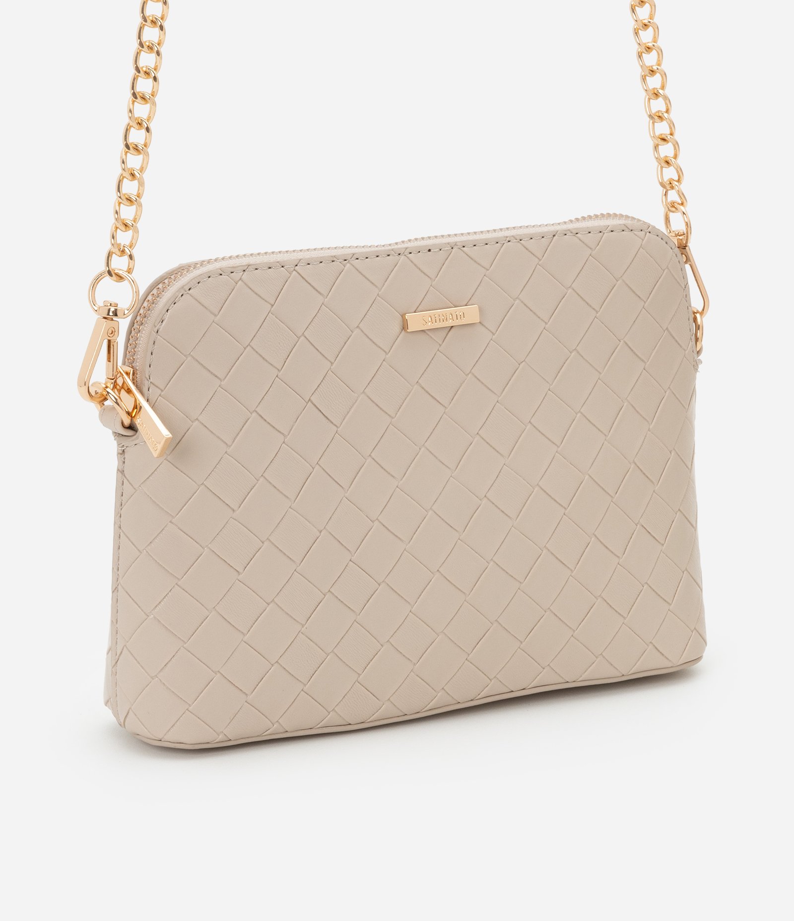 Bolsa Transversal Pequena com Efeito Tressê e Alça de Corrente Bege 2