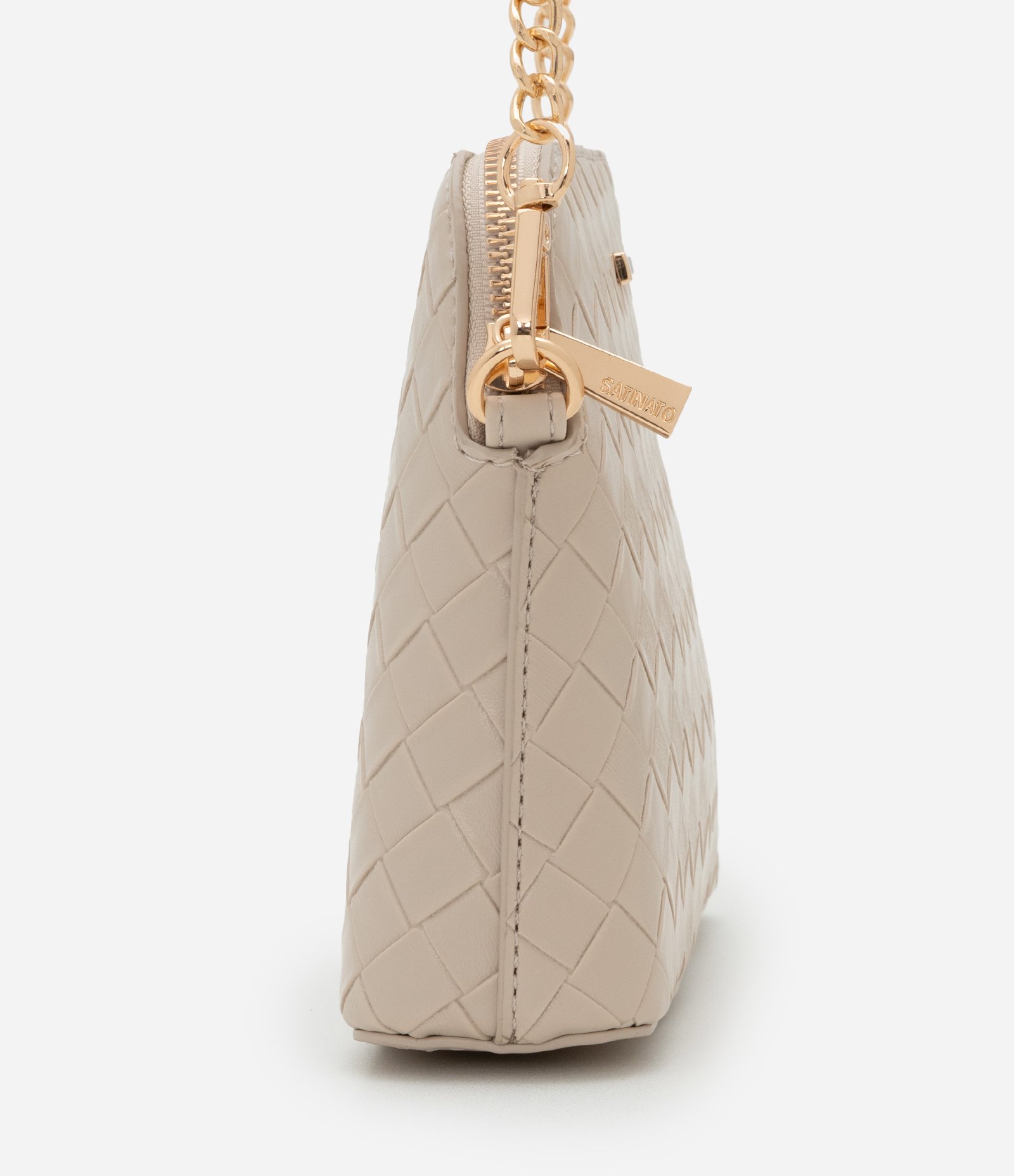 Bolsa Transversal Pequena com Efeito Tressê e Alça de Corrente Bege 3