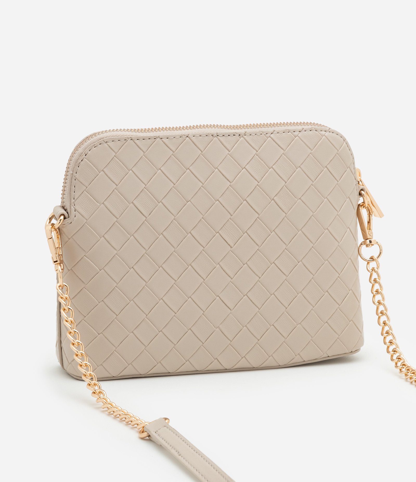 Bolsa Transversal Pequena com Efeito Tressê e Alça de Corrente Bege 4