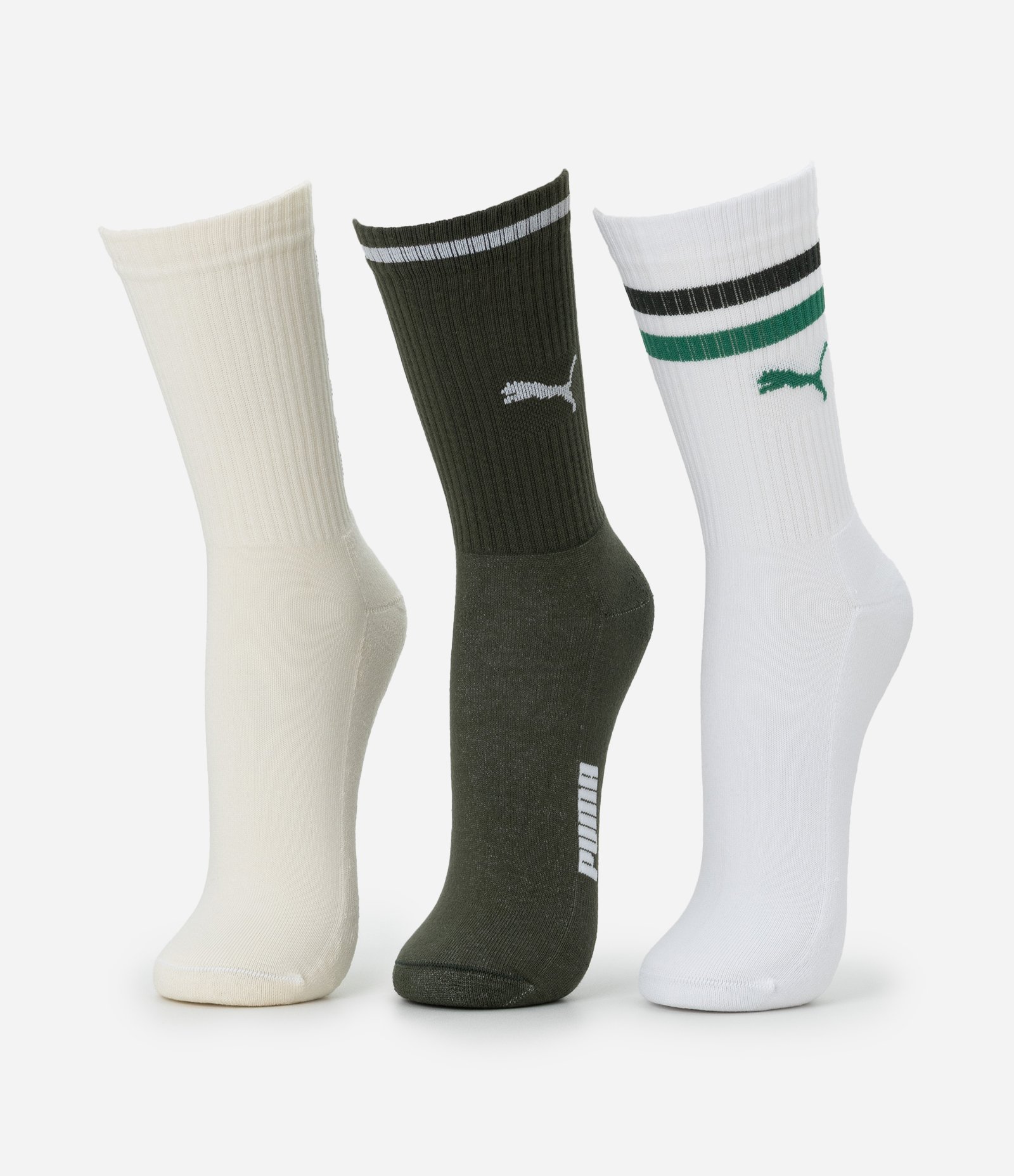 Kit 03 Meias Cano Alto Esportiva em Algodão Puma Verde/Branco/Bege 1