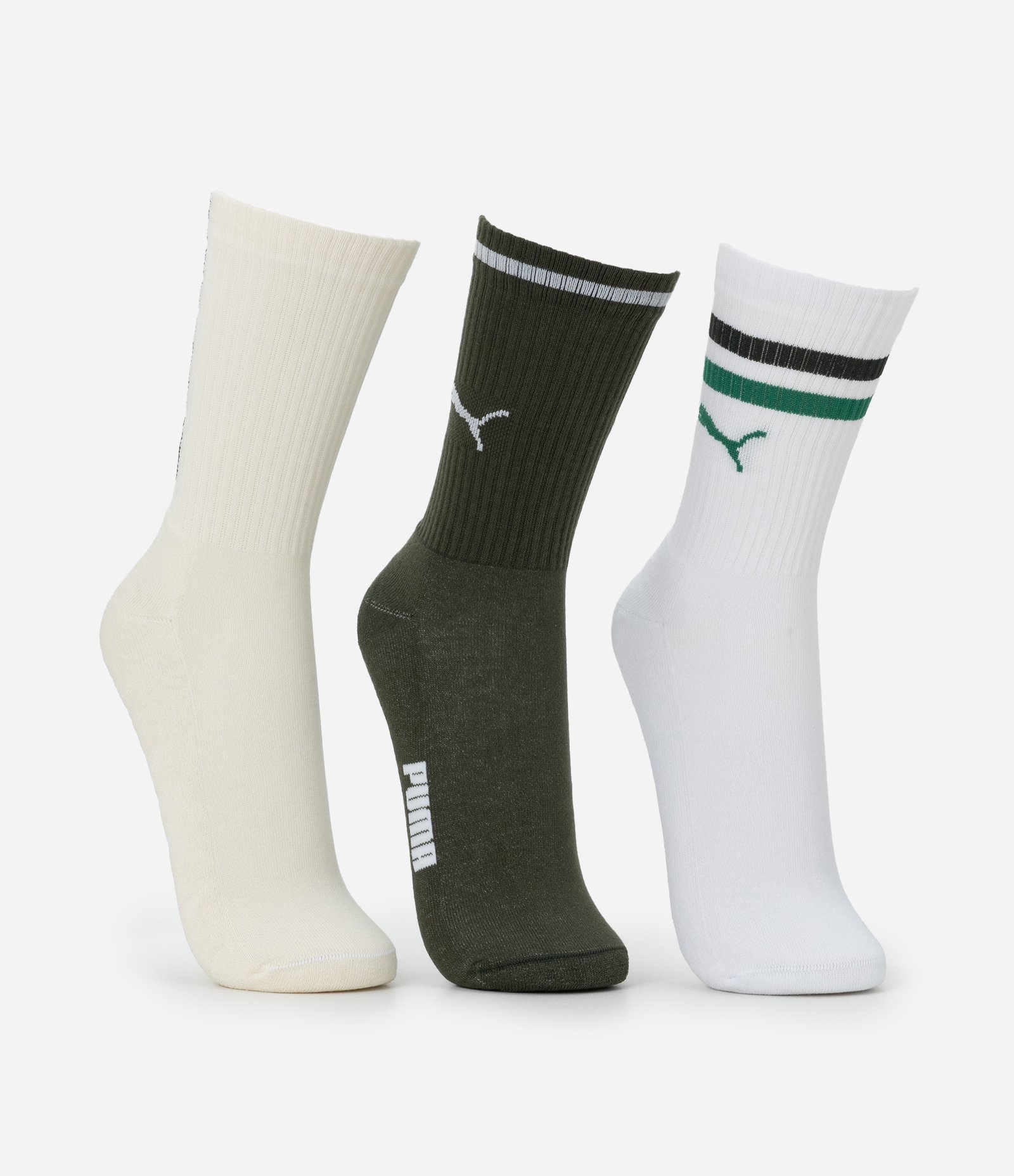 Kit 03 Meias Cano Alto Esportiva em Algodão Puma Verde/Branco/Bege 2