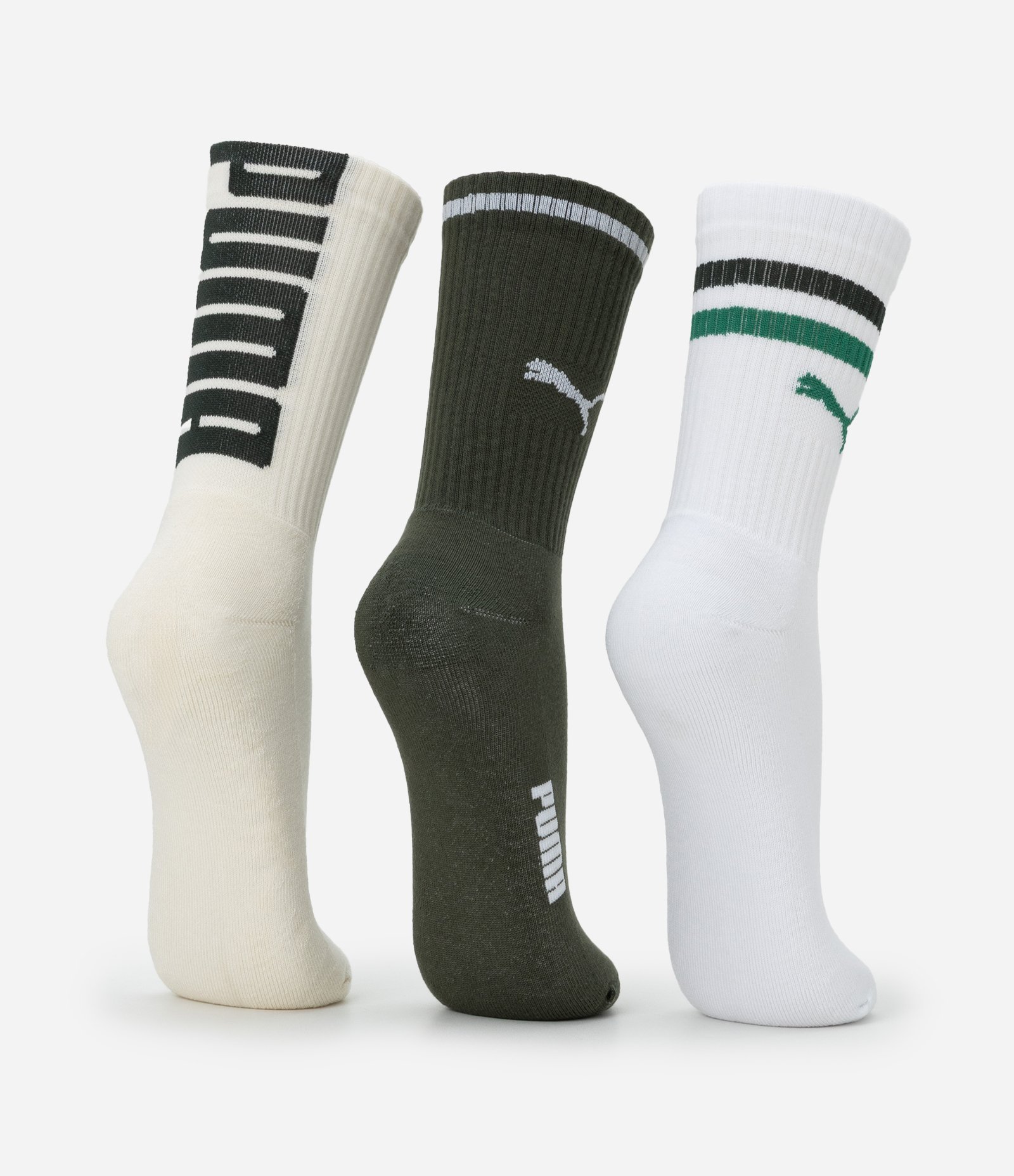 Kit 03 Meias Cano Alto Esportiva em Algodão Puma Verde/Branco/Bege 3