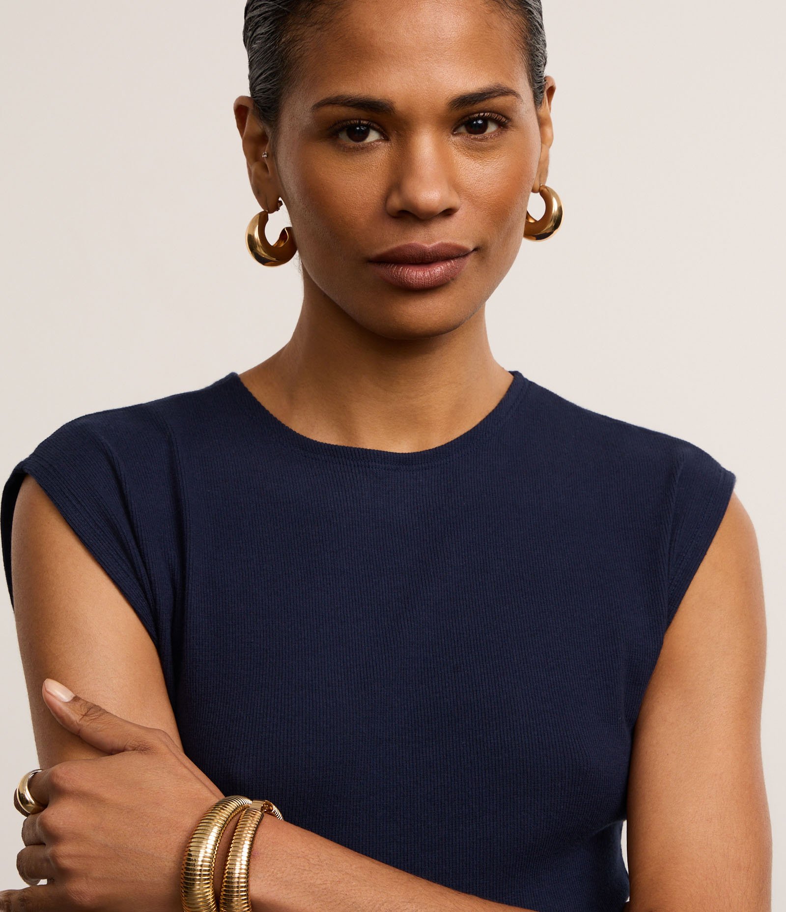 Blusa Canelada em Ribana com Manga Sem Cava Azul Marinho 3