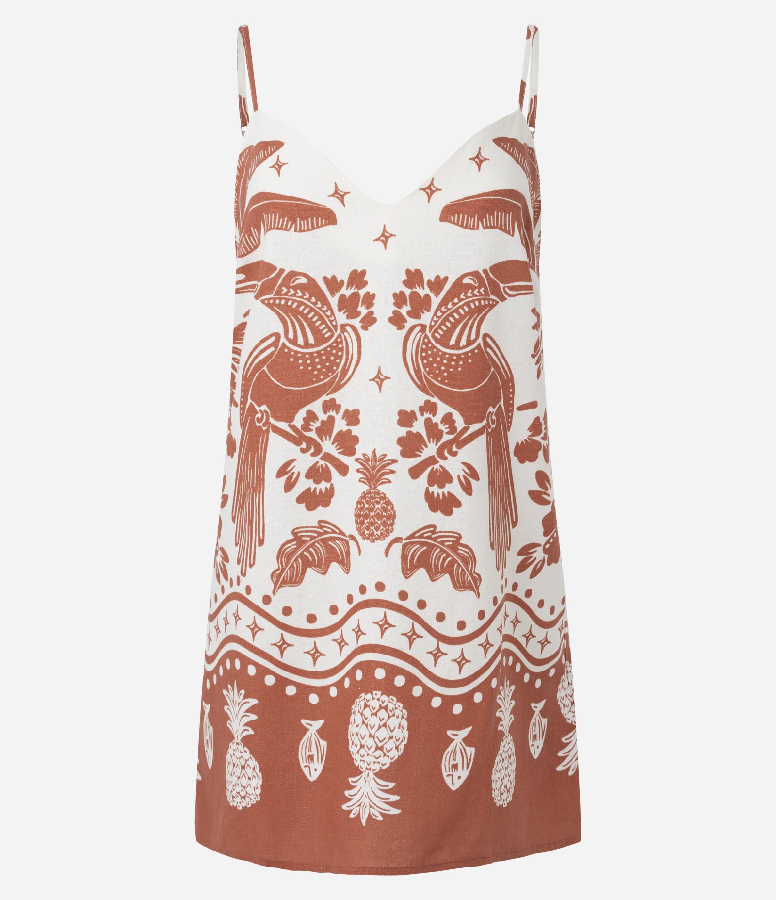 Vestido Curto de Alça em Viscolinho com Estampa Tropical Terracota/Branco 4