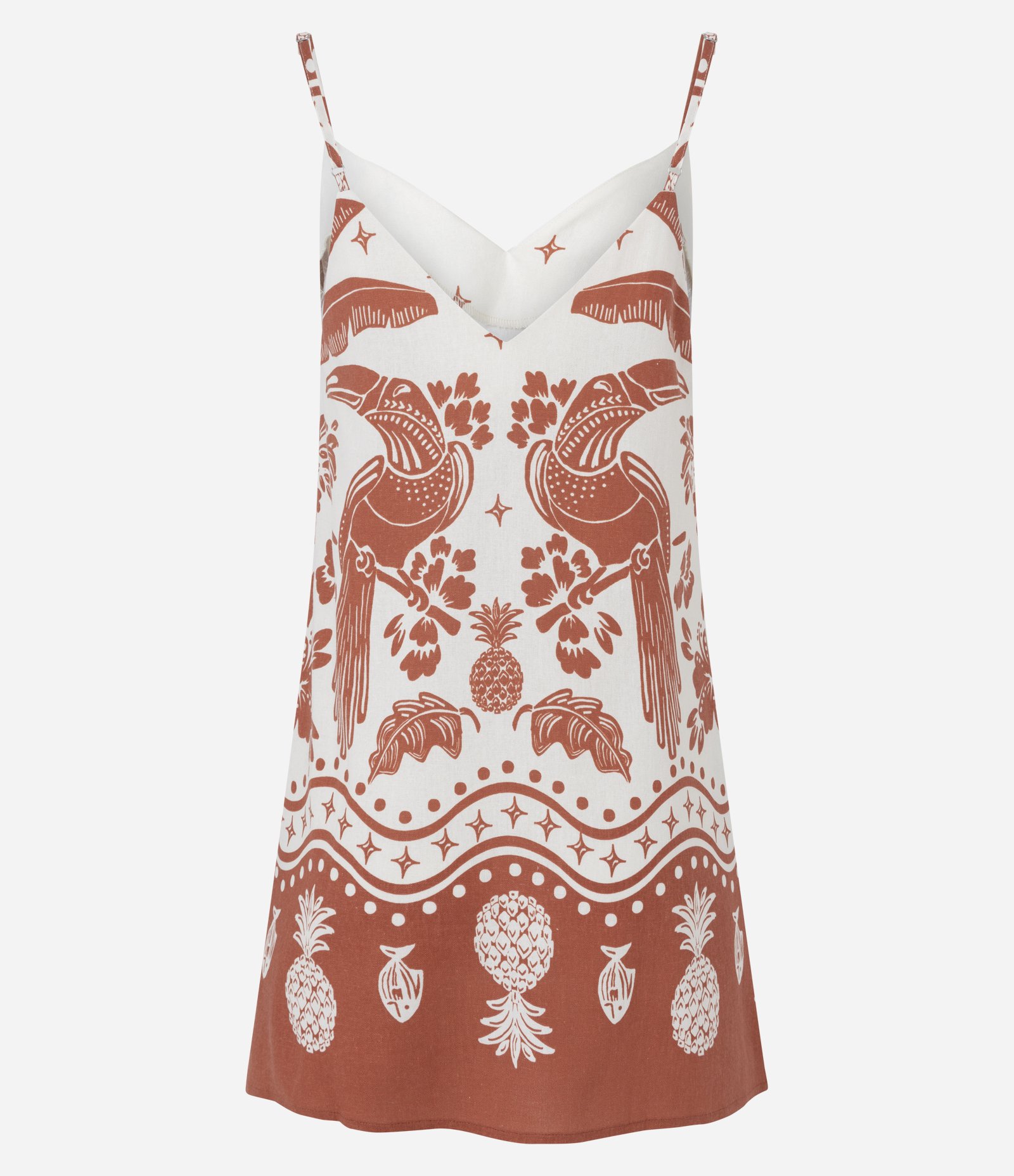 Vestido Curto de Alça em Viscolinho com Estampa Tropical Terracota/Branco 6