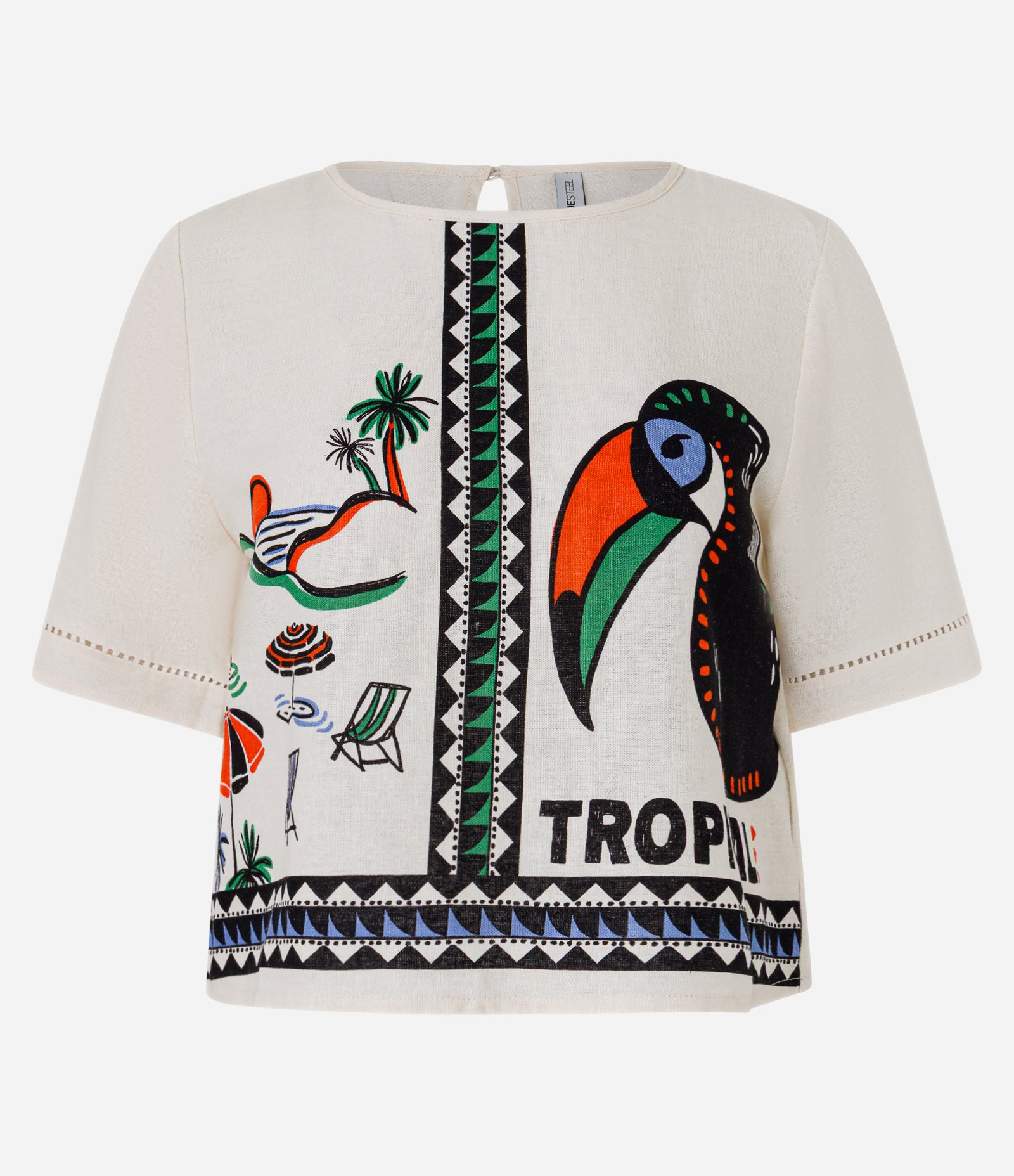 Blusa Boxy em Viscolinho com Estampa Praia e Tucano Off White 4