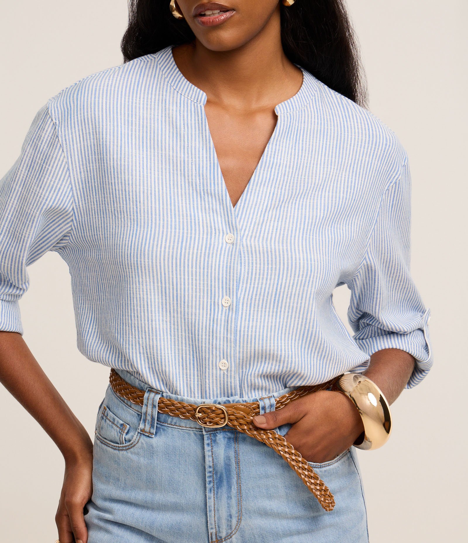 Camisa em Viscolinho Listrada de Fios Tintos Azul Médio 4