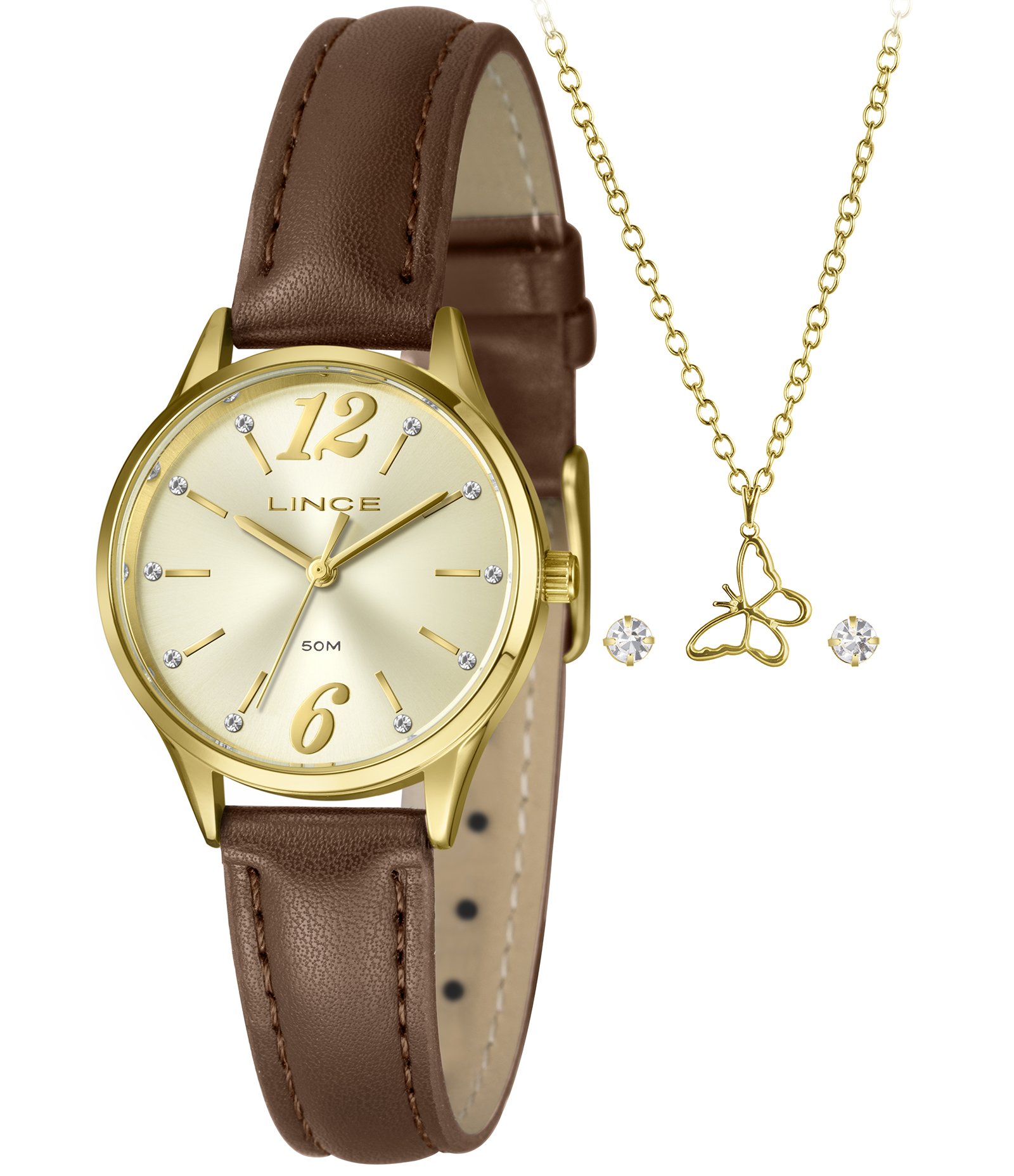 Kit Relógio Analógico Feminino Lince Marrom 1