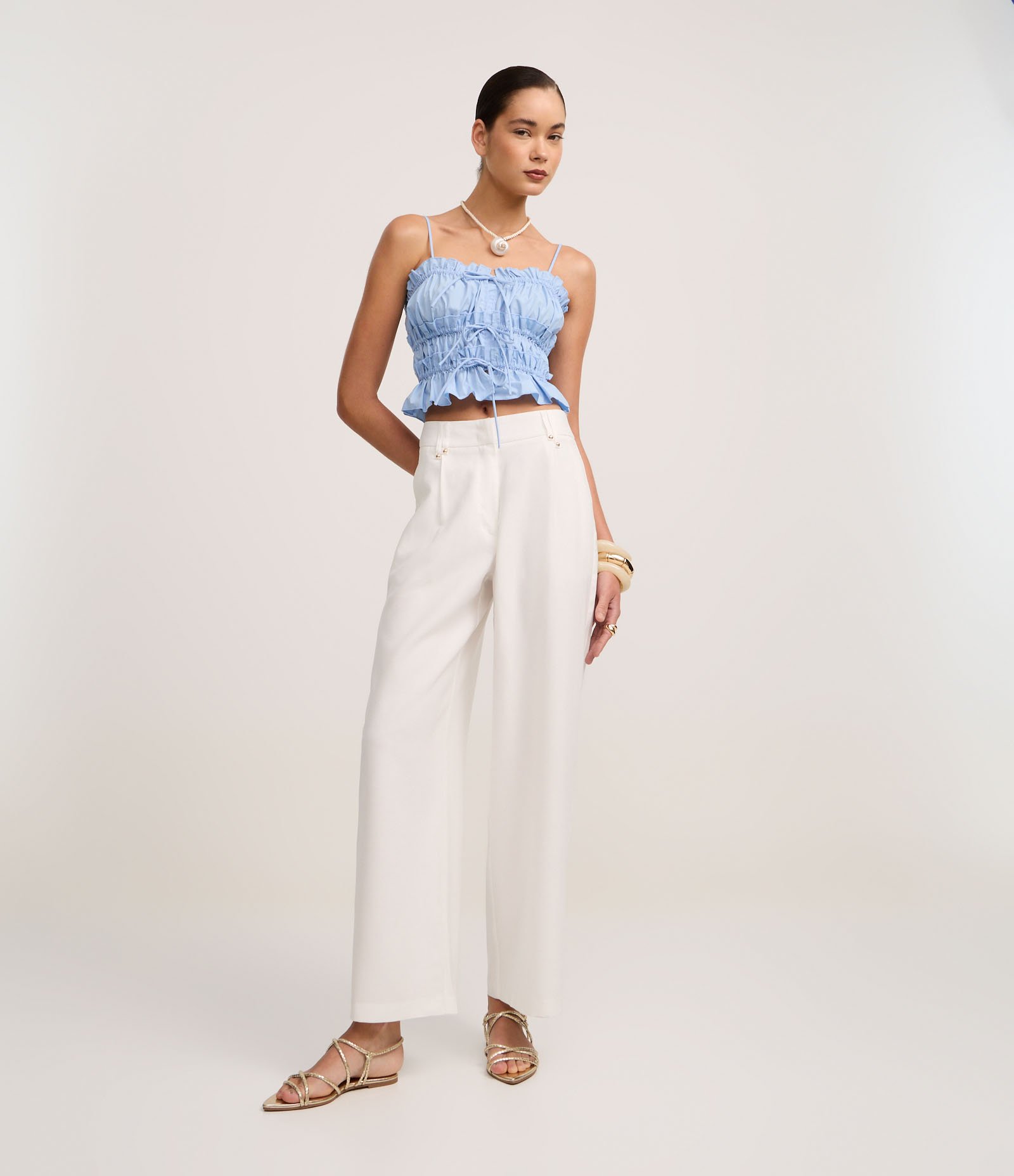 Blusa de Alça em Tricoline com Amarrações e Franzidos Azul 2