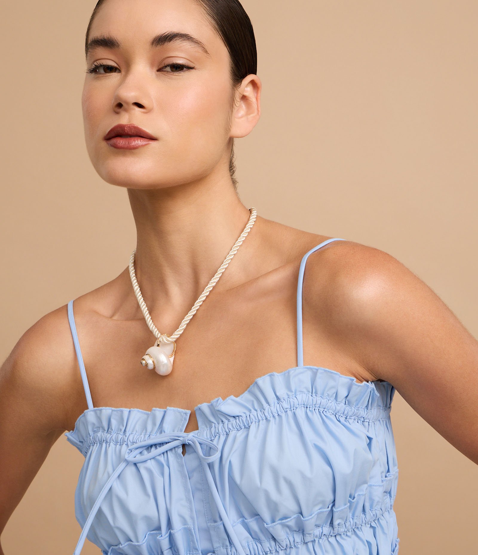 Blusa de Alça em Tricoline com Amarrações e Franzidos Azul 3