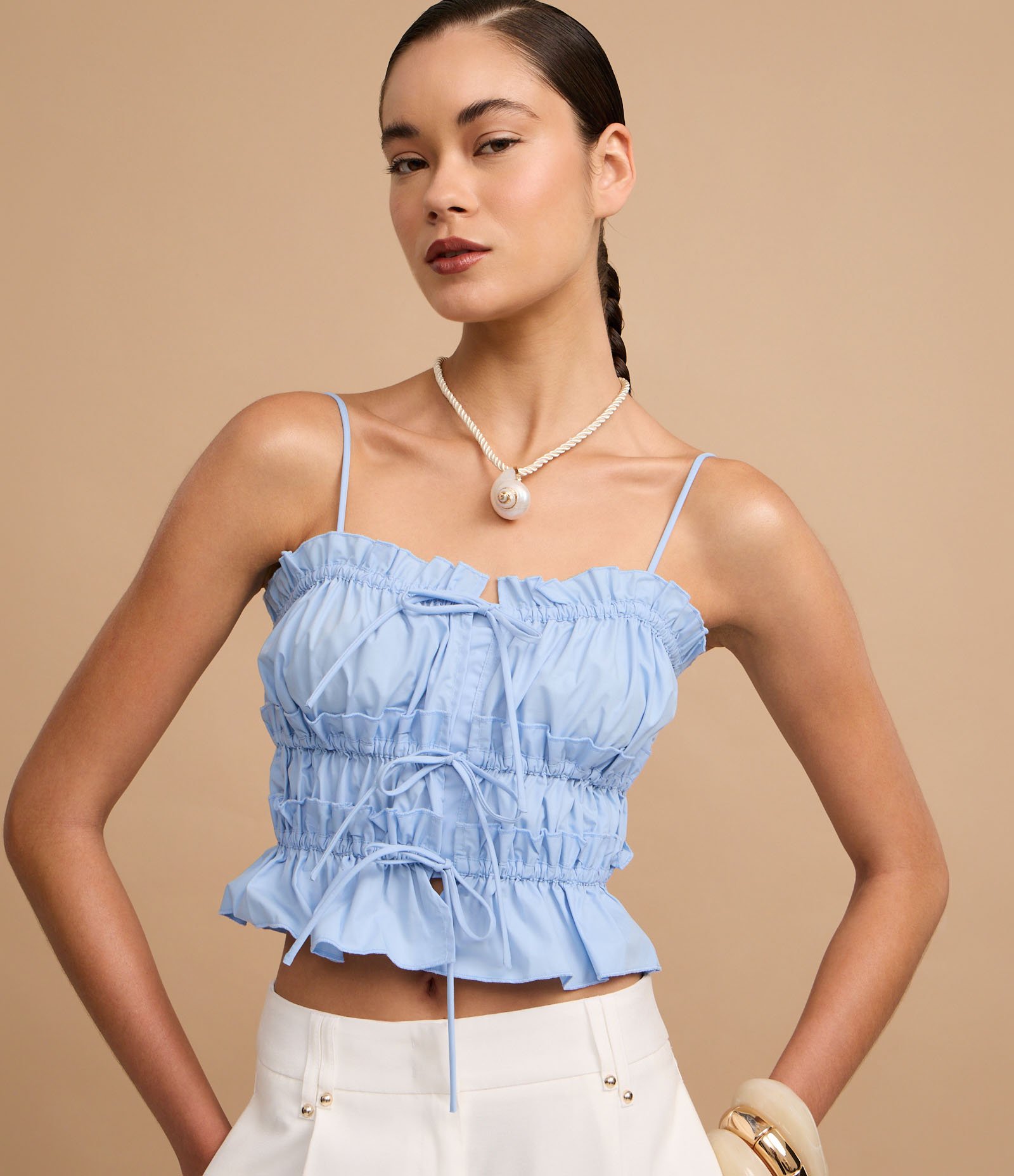 Blusa de Alça em Tricoline com Amarrações e Franzidos Azul 5