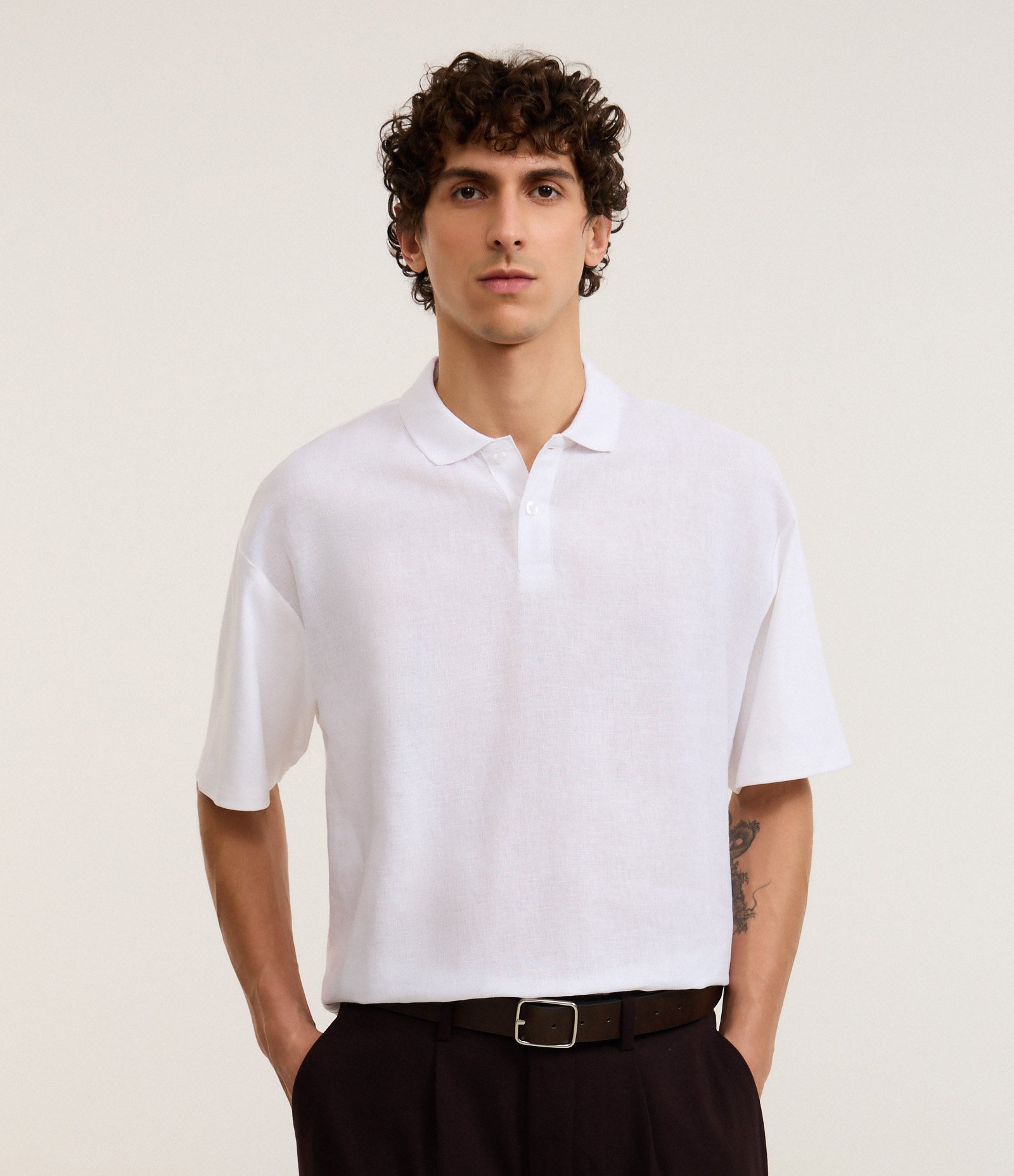 Camisa Polo Boxy em Linho e Malhão Branco 1