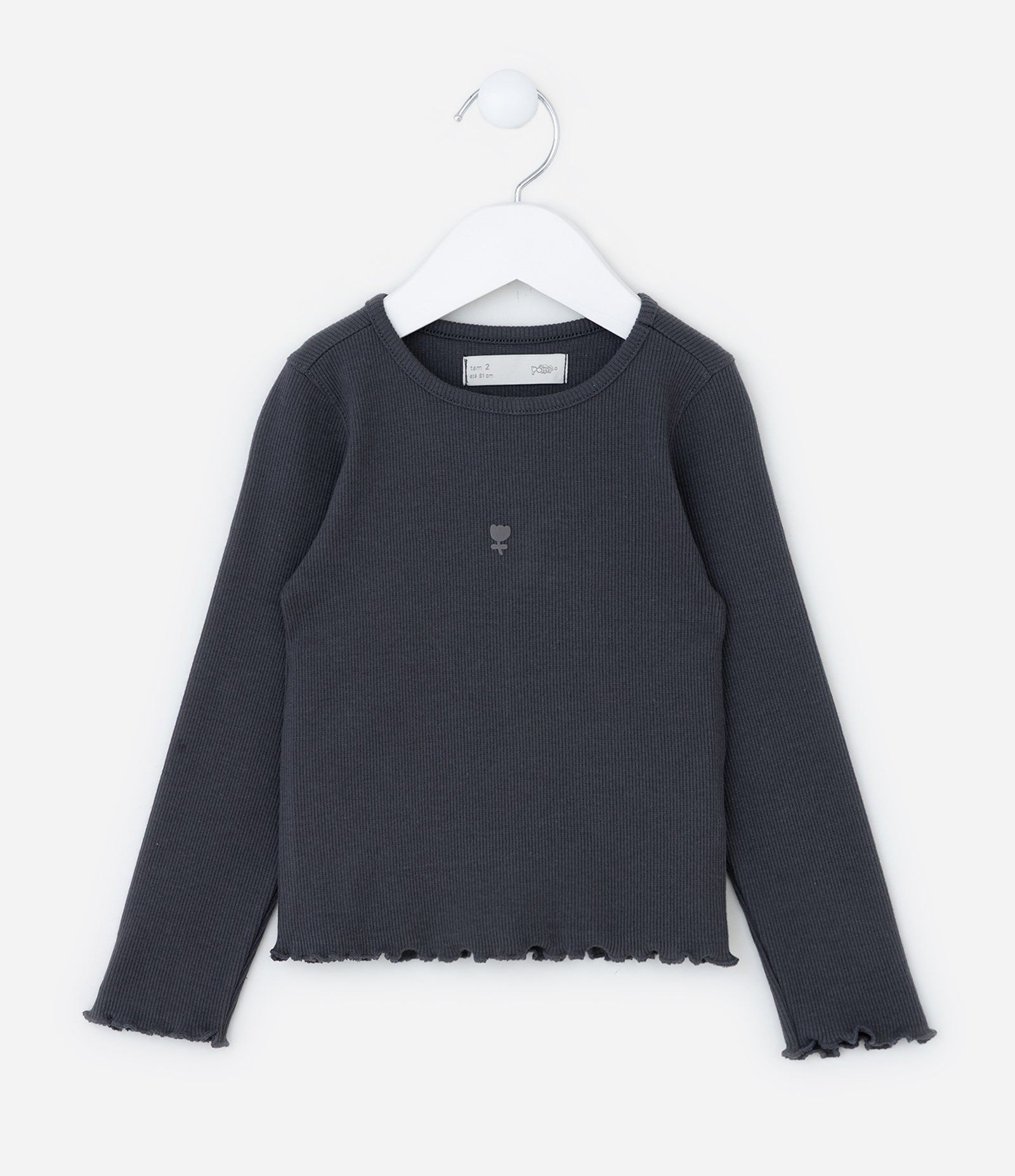 Blusa Infantil Canelada com Bordado de Tulipa - Tam 1 a 6 Anos Cinza 1