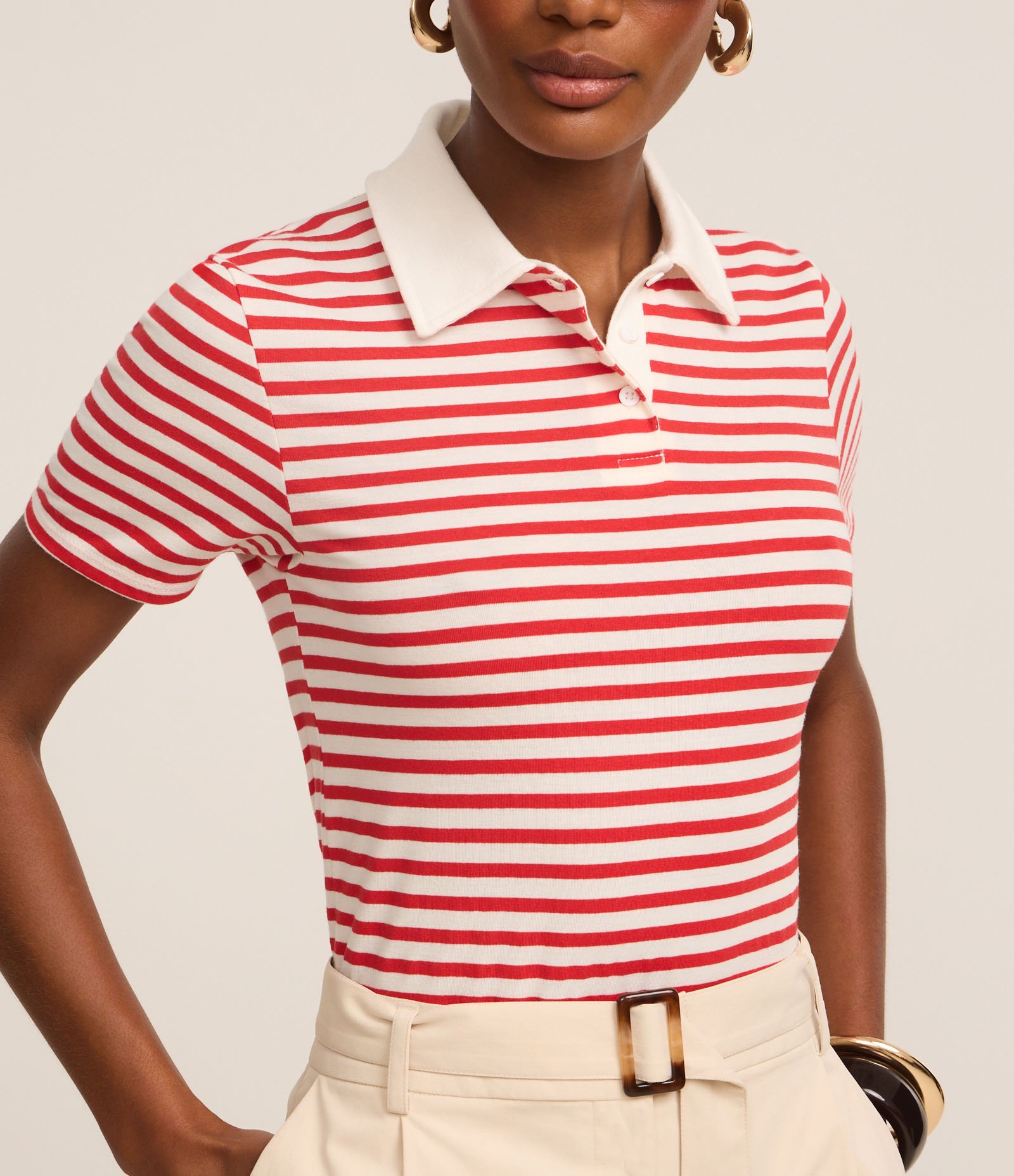 Blusa em Algodão Listrada com Gola Polo Branco/Vermelho 4