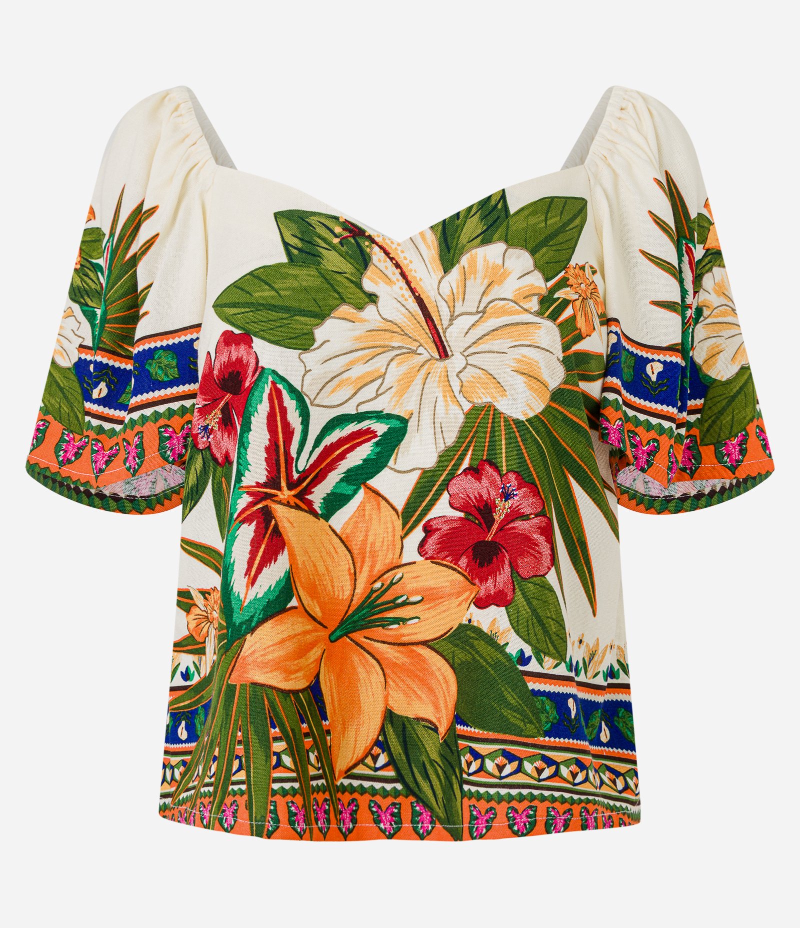 Blusa em Viscolinho com Decote Coração e Estampa Tropical Bege 5
