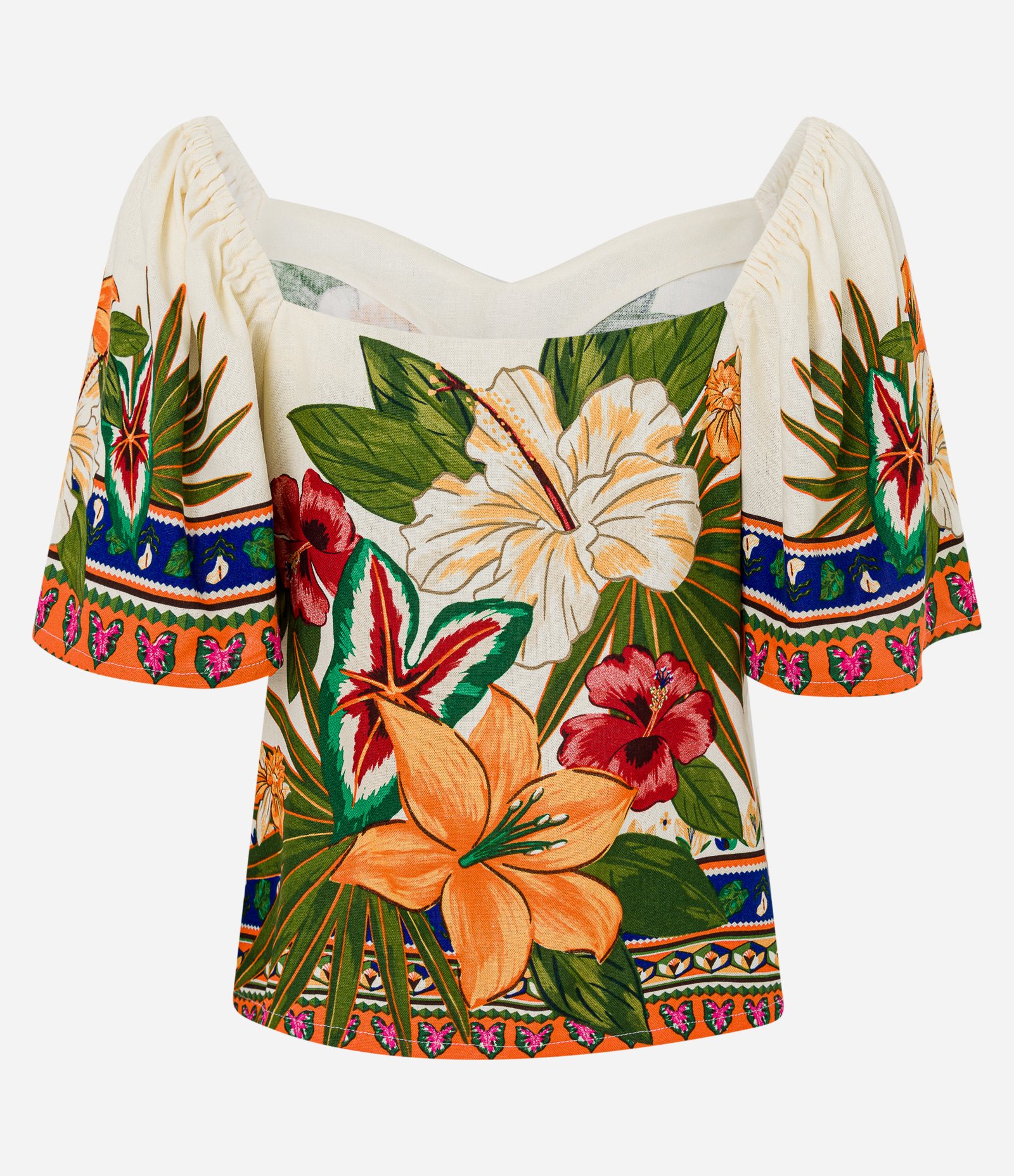 Blusa em Viscolinho com Decote Coração e Estampa Tropical Bege 7