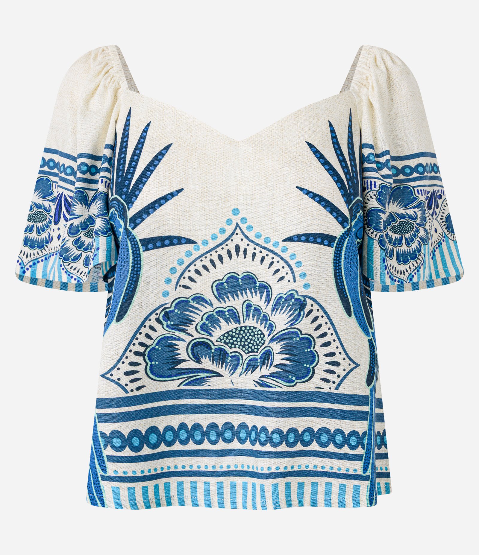 Blusa em Viscolinho com Estampa de Arara e Flores Bicolor Bege/Azul 5