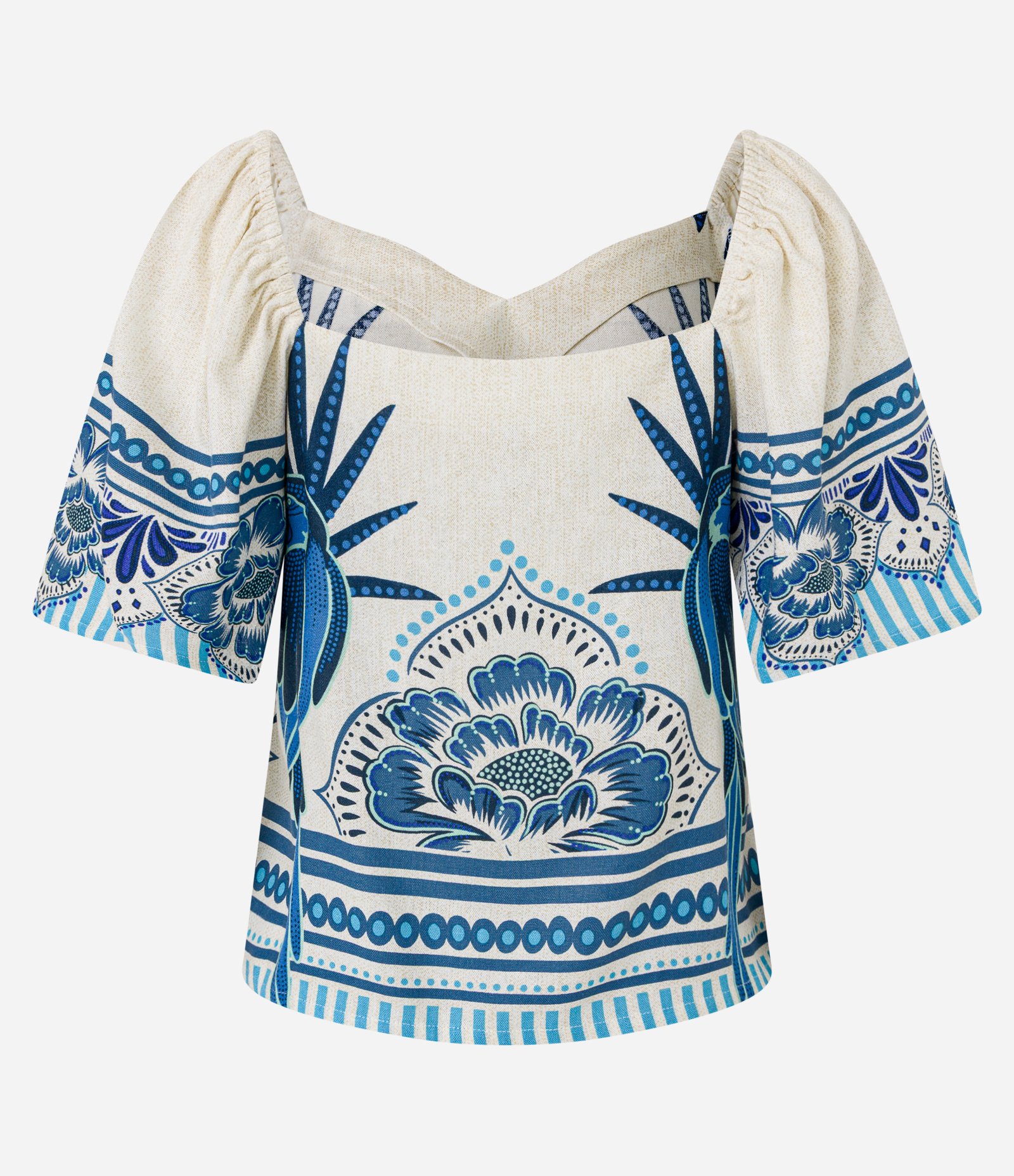 Blusa em Viscolinho com Estampa de Arara e Flores Bicolor Bege/Azul 7