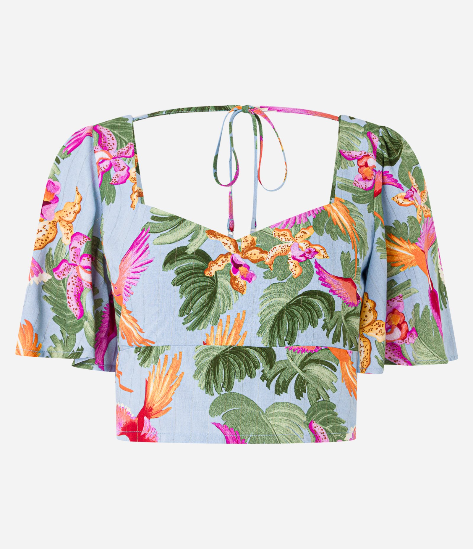 Blusa Cropped em Chalis com Estampa de Tropical Azul 6