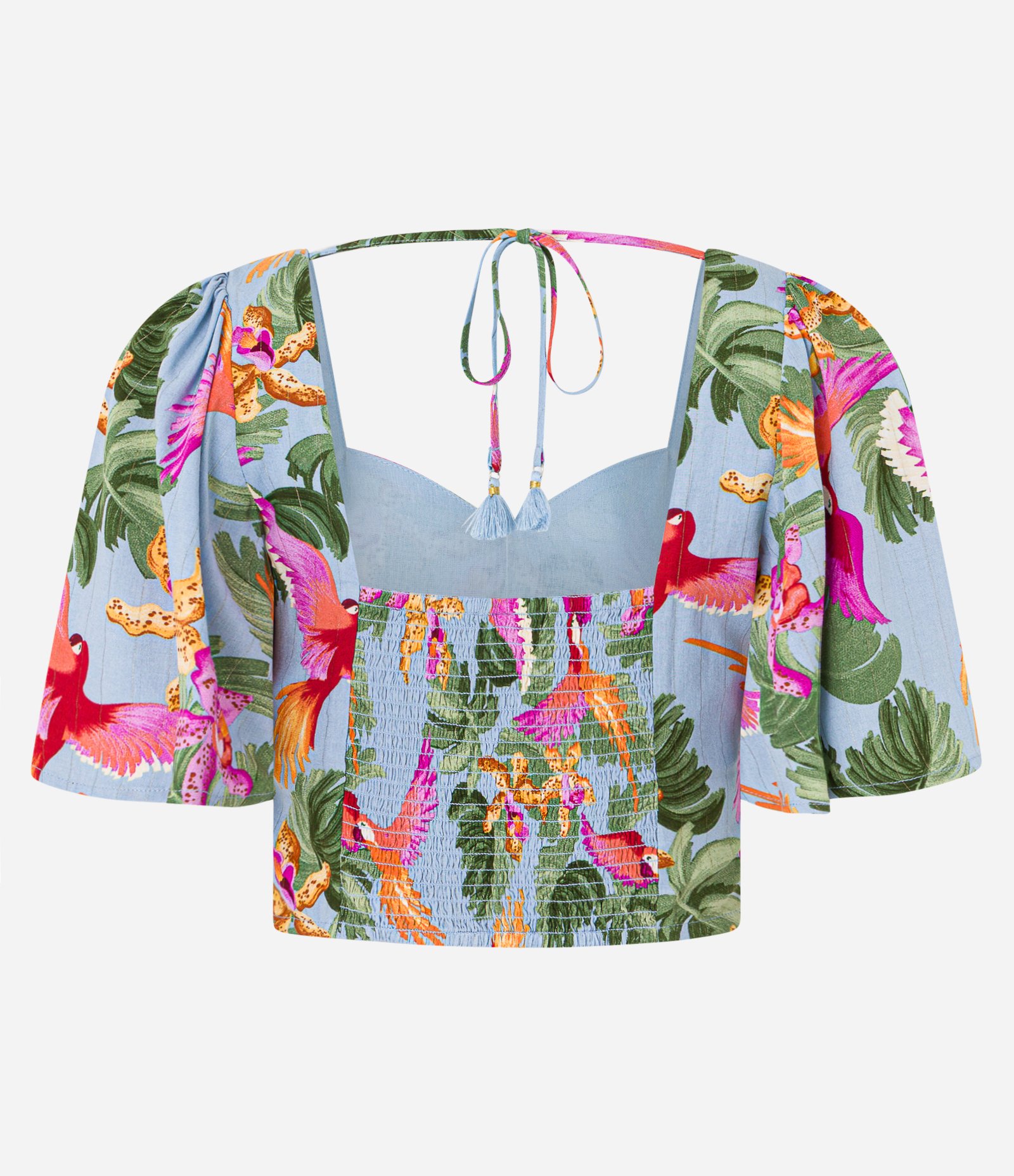 Blusa Cropped em Chalis com Estampa de Tropical Azul 7