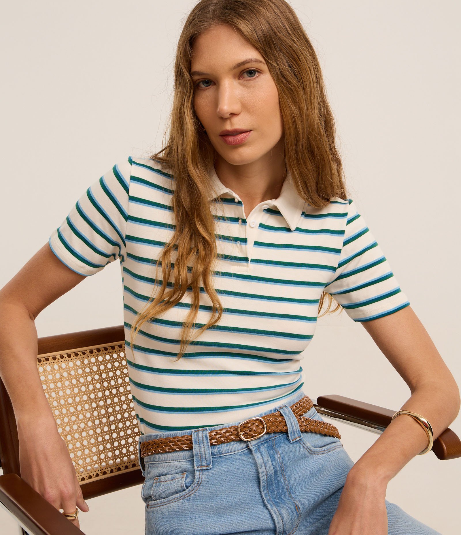 Blusa em Algodão Listrada com Gola Polo Branco/Verde 1