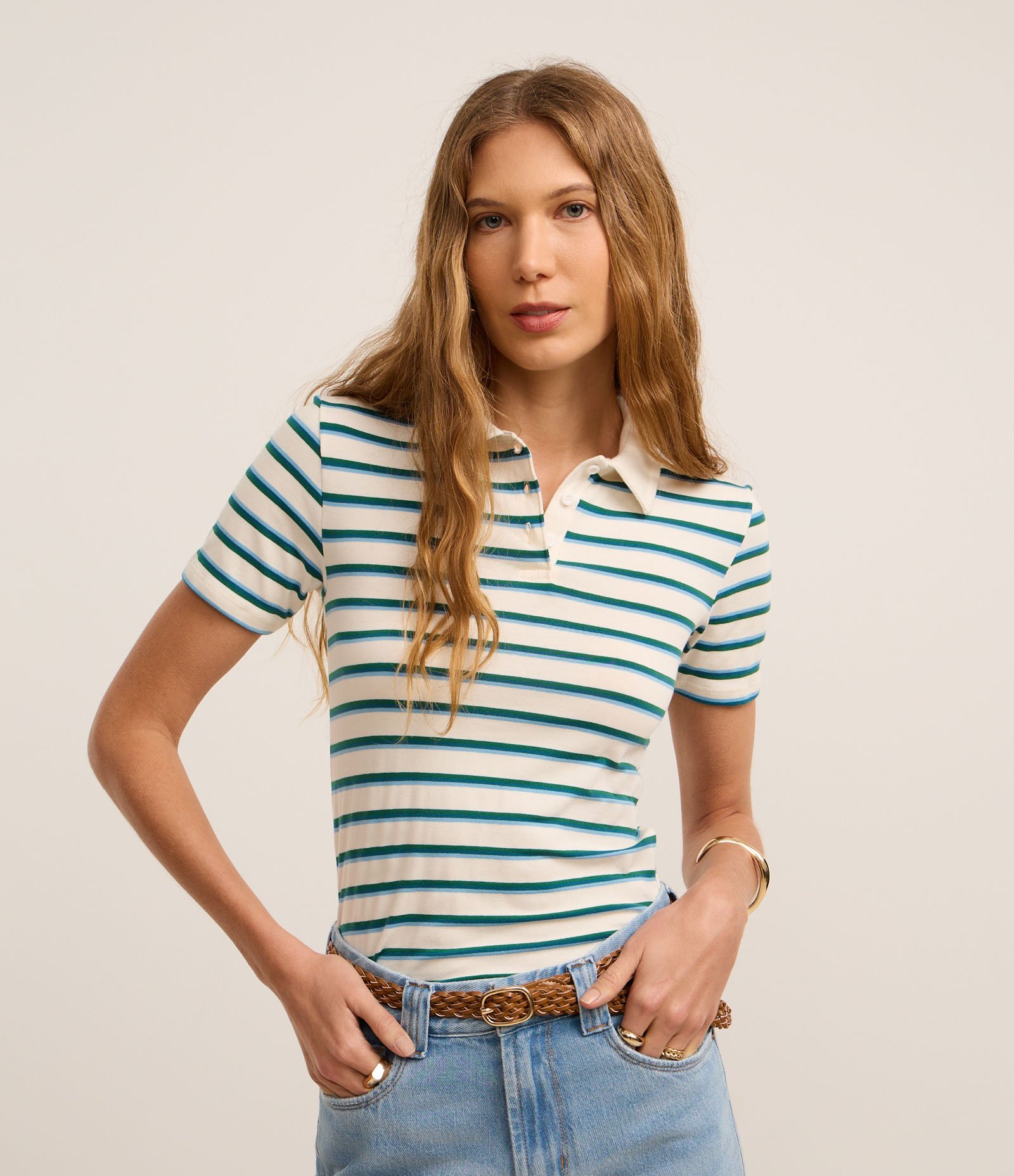 Blusa em Algodão Listrada com Gola Polo Branco/Verde 2