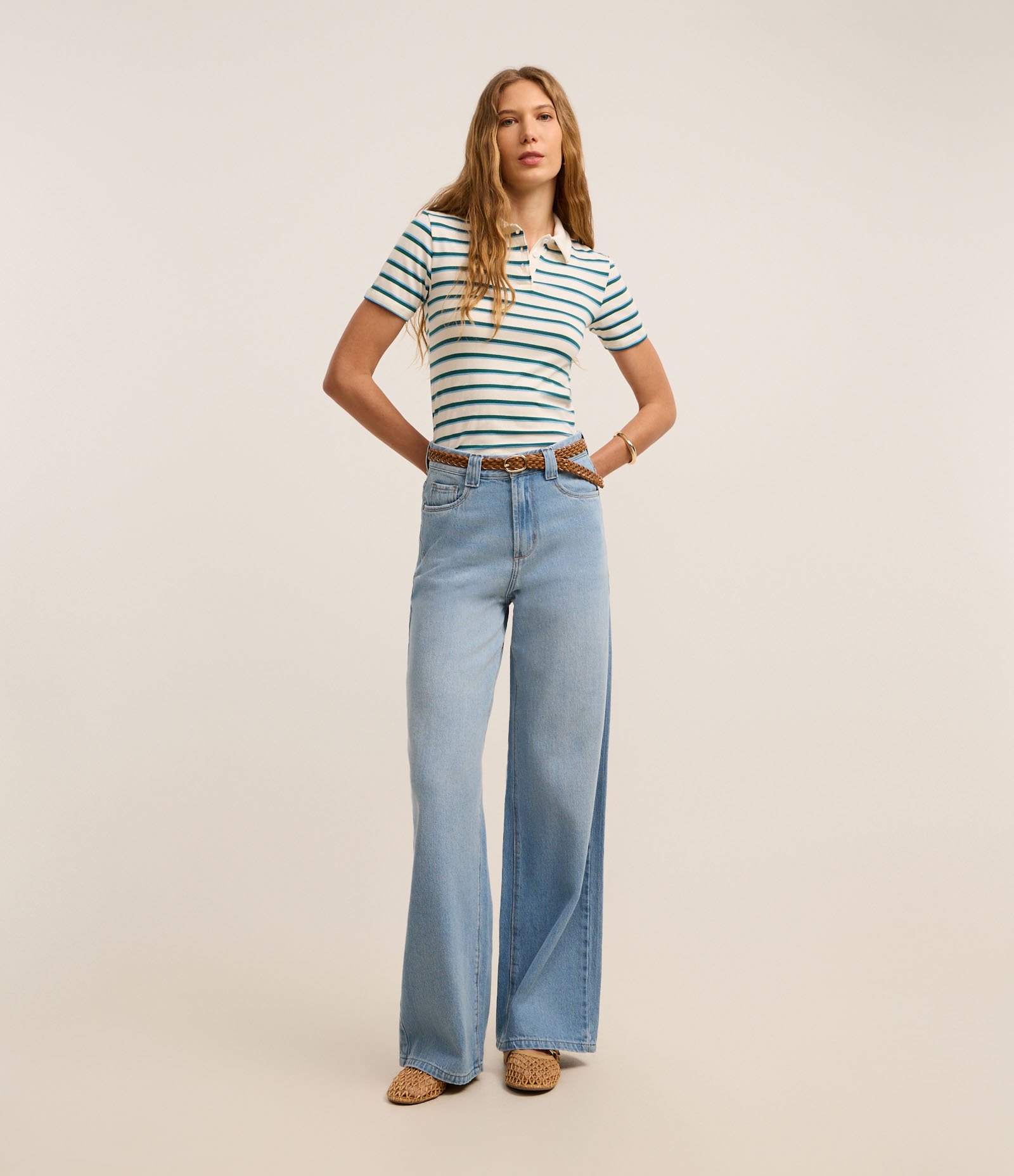 Blusa em Algodão Listrada com Gola Polo Branco/Verde 3