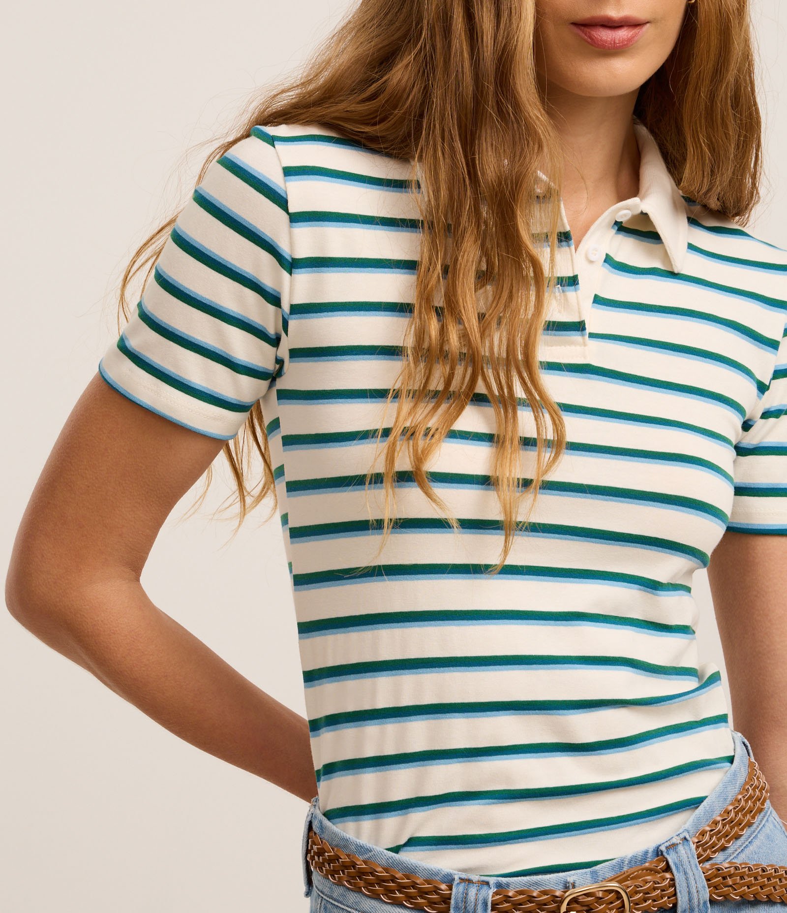 Blusa em Algodão Listrada com Gola Polo Branco/Verde 4