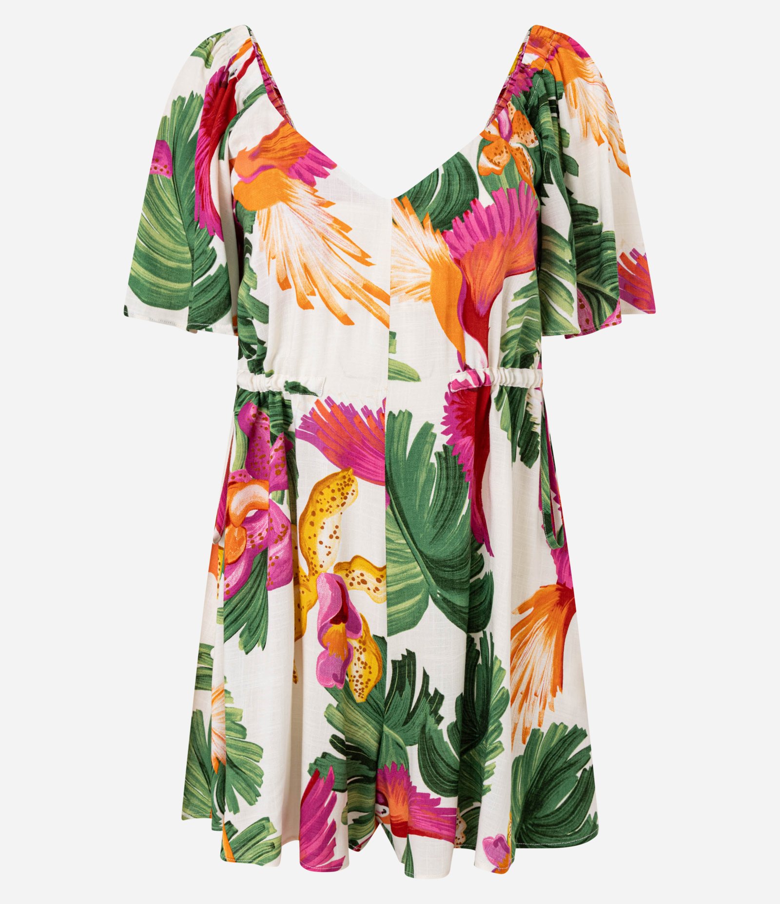 Macaquinho em Viscose com Estampa de Arara e Floral e Puxadinho Lateral Verde/Laranja/Bege 5