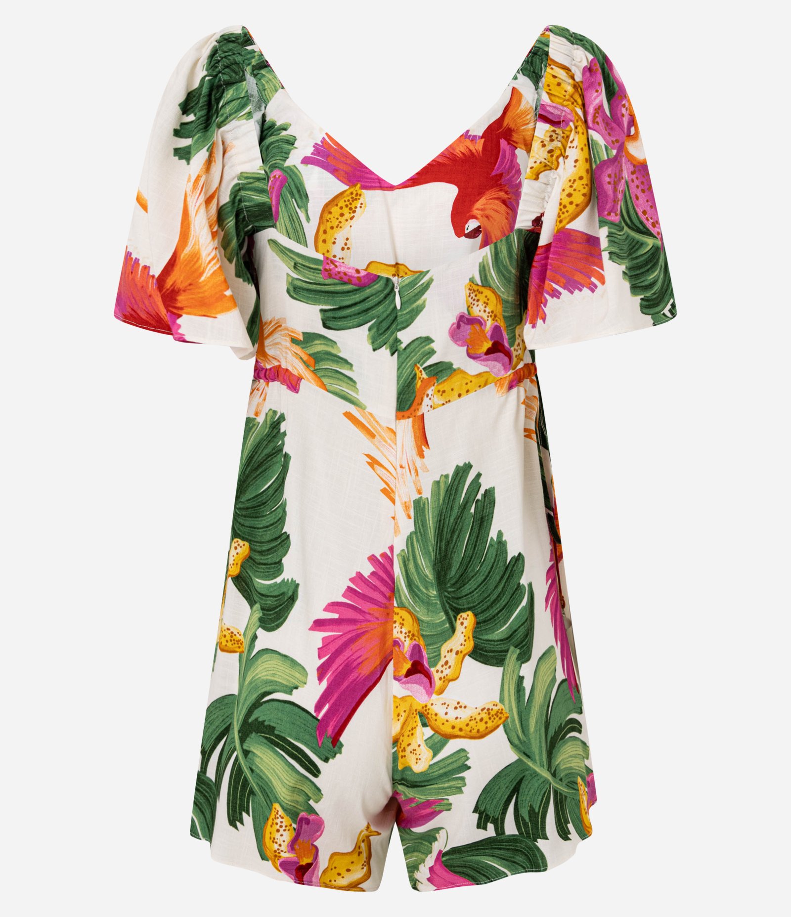 Macaquinho em Viscose com Estampa de Arara e Floral e Puxadinho Lateral Verde/Laranja/Bege 7