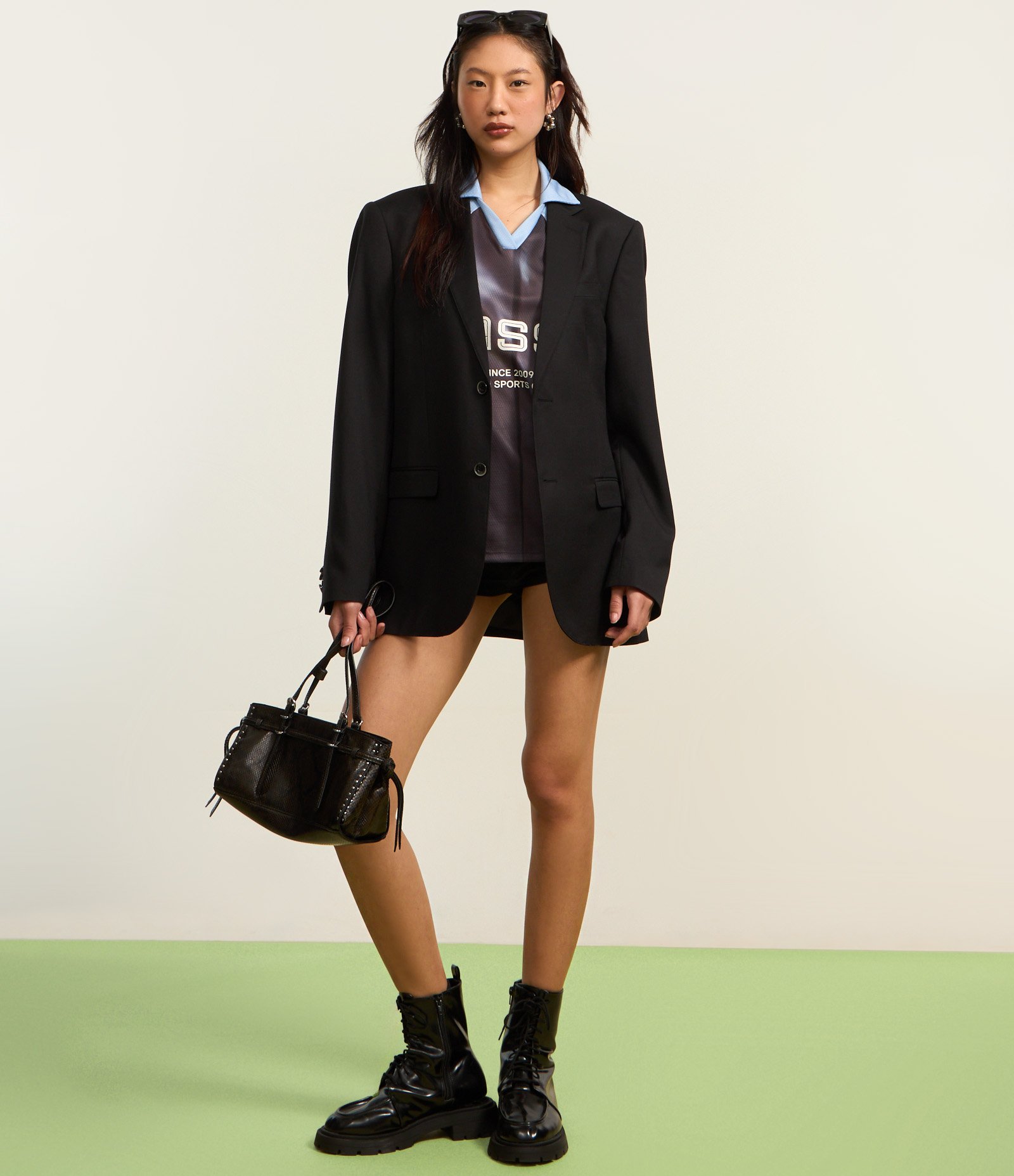 Camiseta Oversized em Algodão Esportiva com Gola Polo e Lettering Classic Cinza/Azul 9