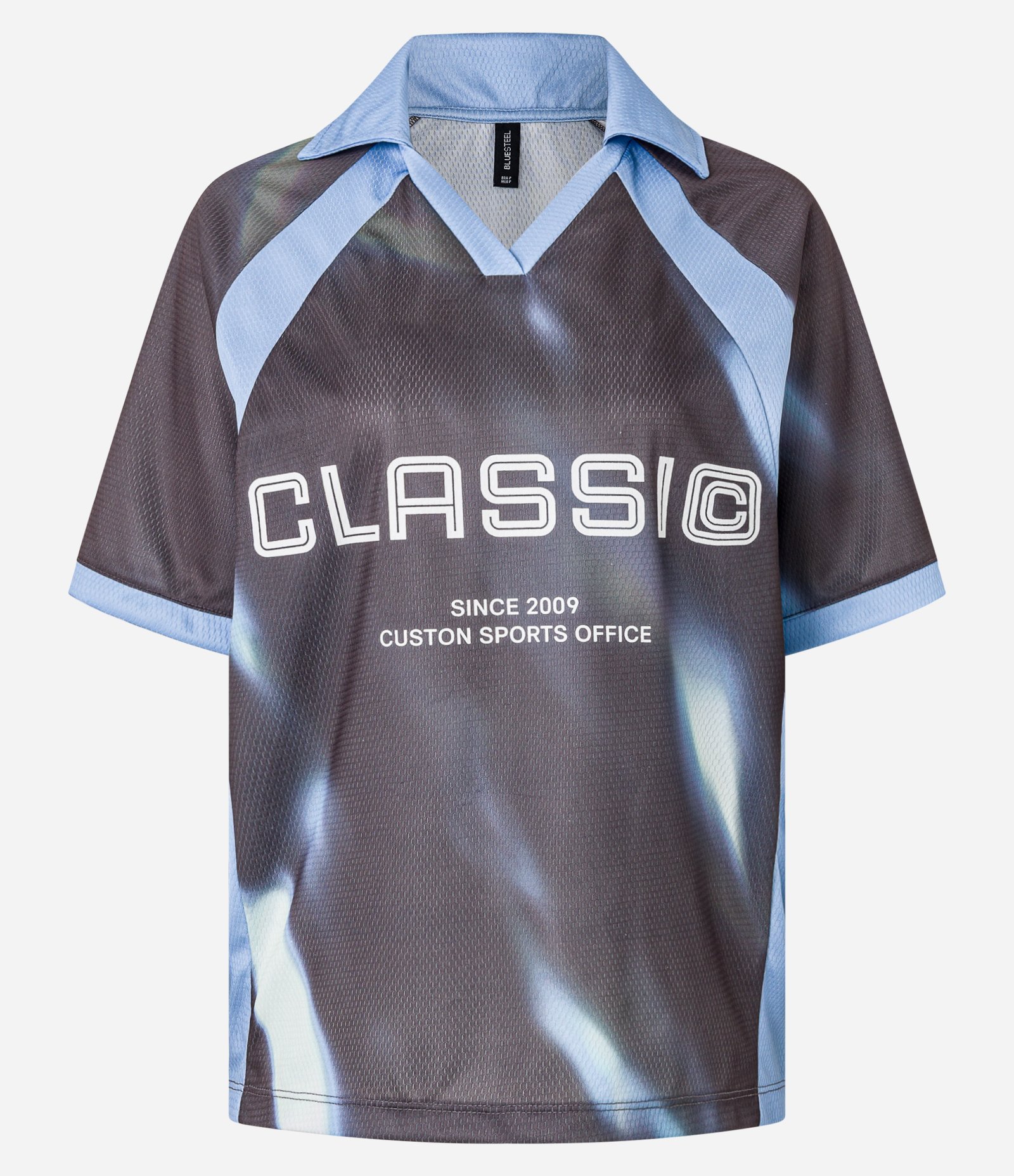 Camiseta Oversized em Algodão Esportiva com Gola Polo e Lettering Classic Cinza/Azul 10