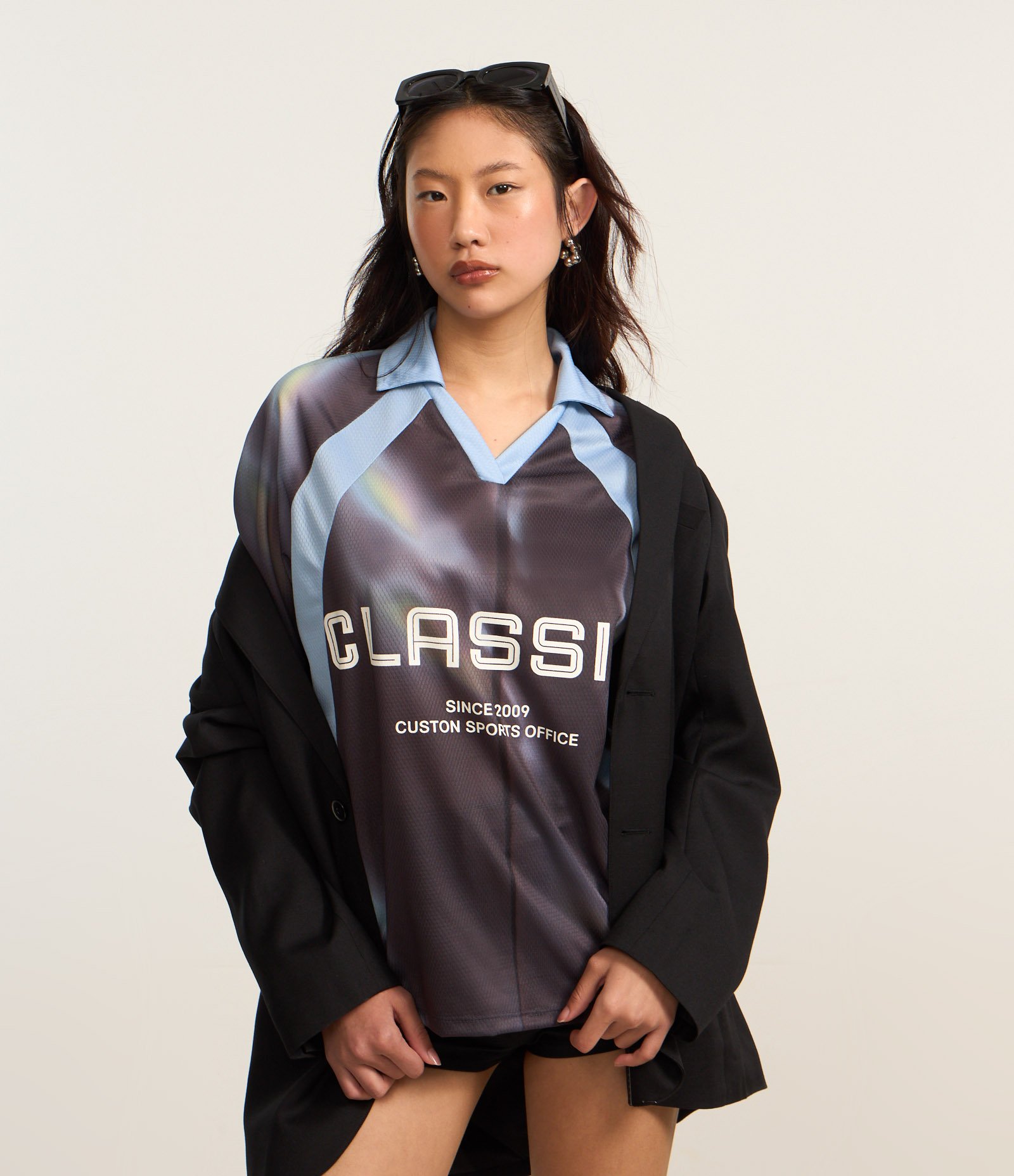 Camiseta Oversized em Algodão Esportiva com Gola Polo e Lettering Classic Cinza/Azul 3