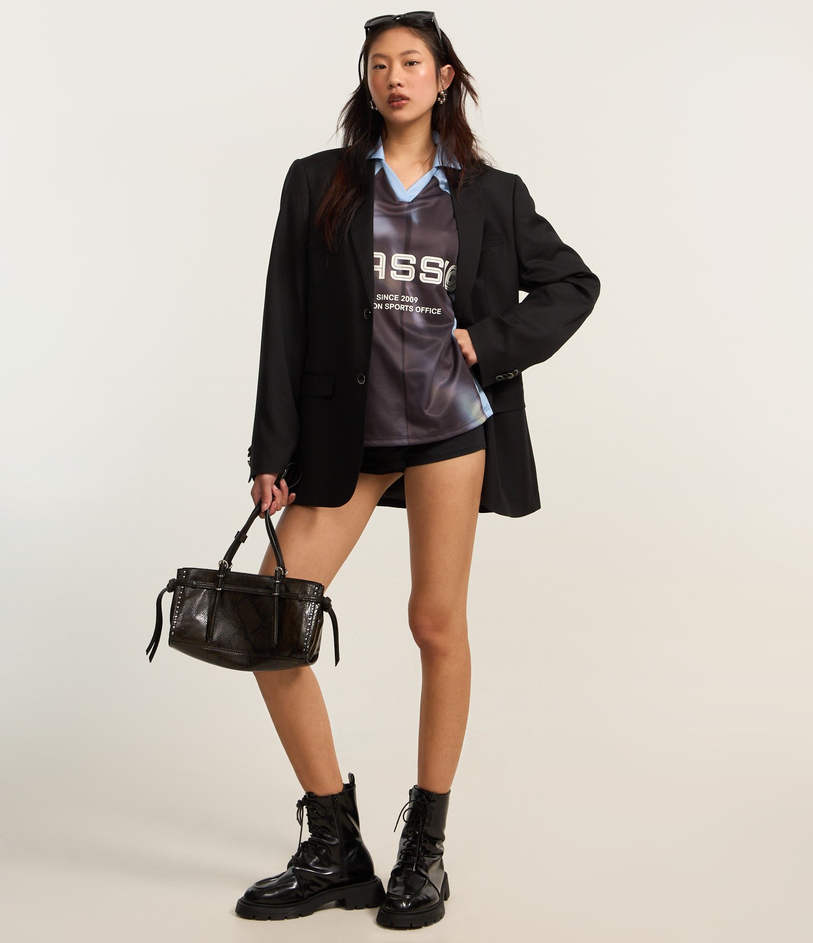 Camiseta Oversized em Algodão Esportiva com Gola Polo e Lettering Classic Cinza/Azul 4