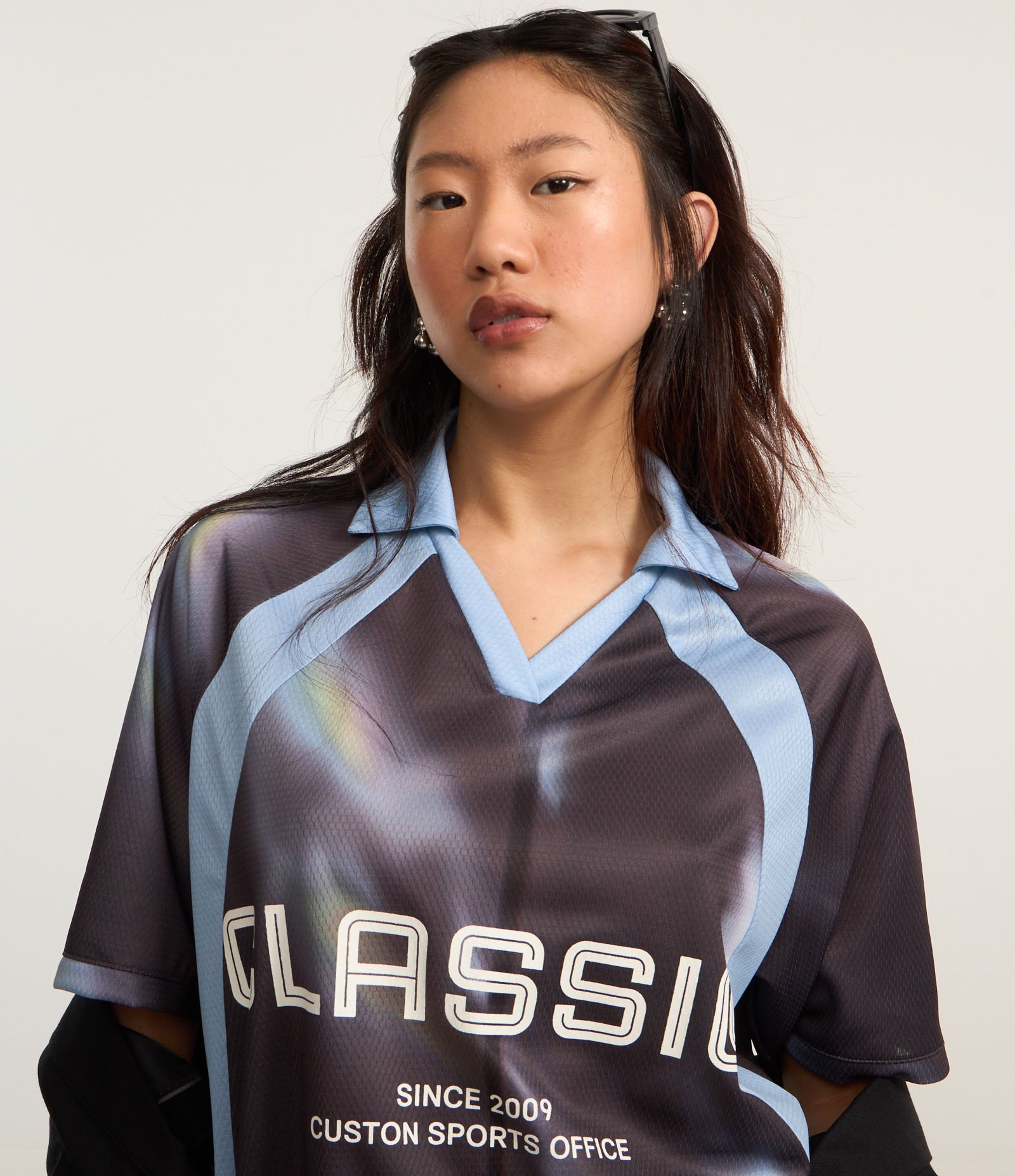 Camiseta Oversized em Algodão Esportiva com Gola Polo e Lettering Classic Cinza/Azul 5