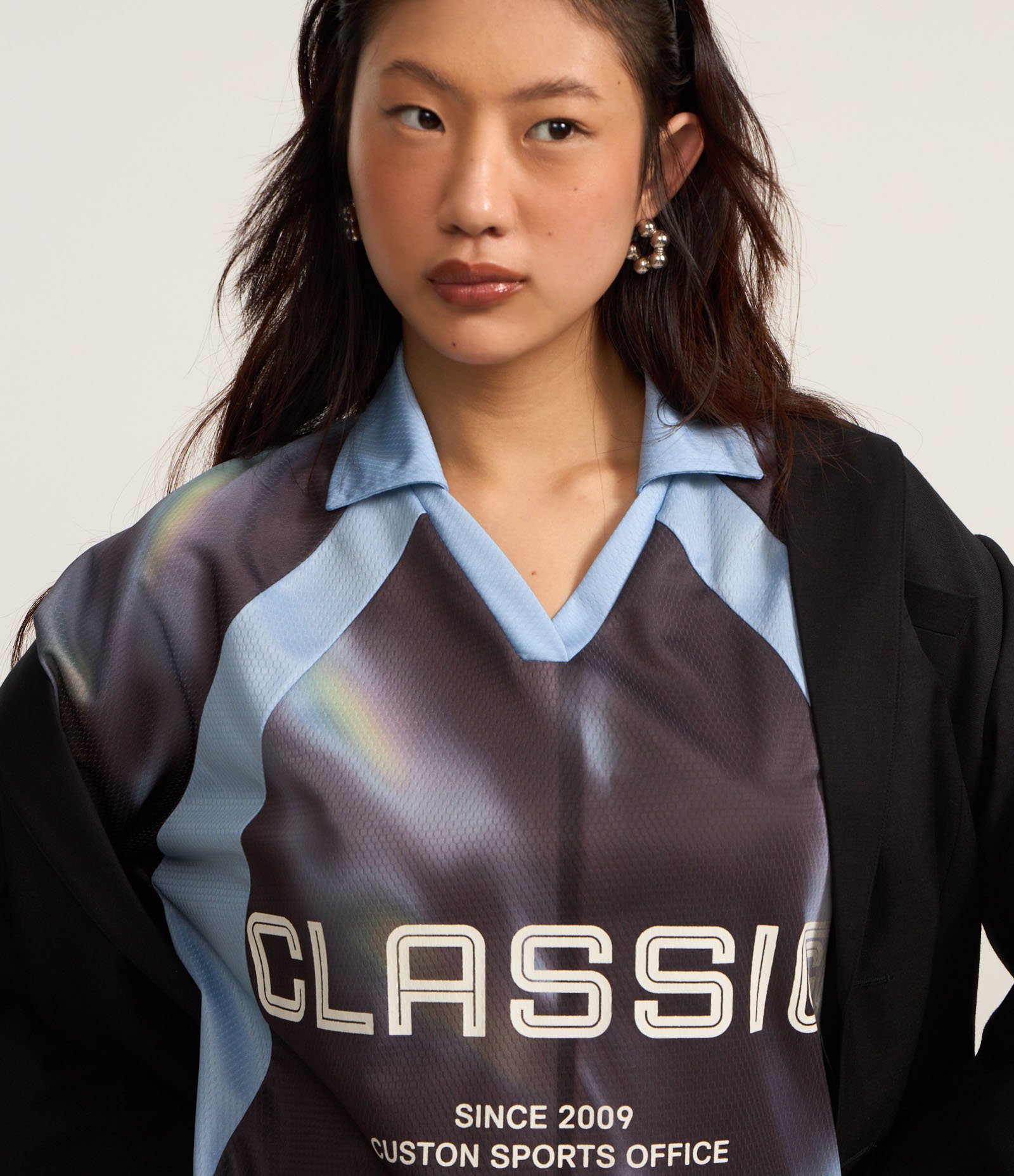 Camiseta Oversized em Algodão Esportiva com Gola Polo e Lettering Classic Cinza/Azul 6