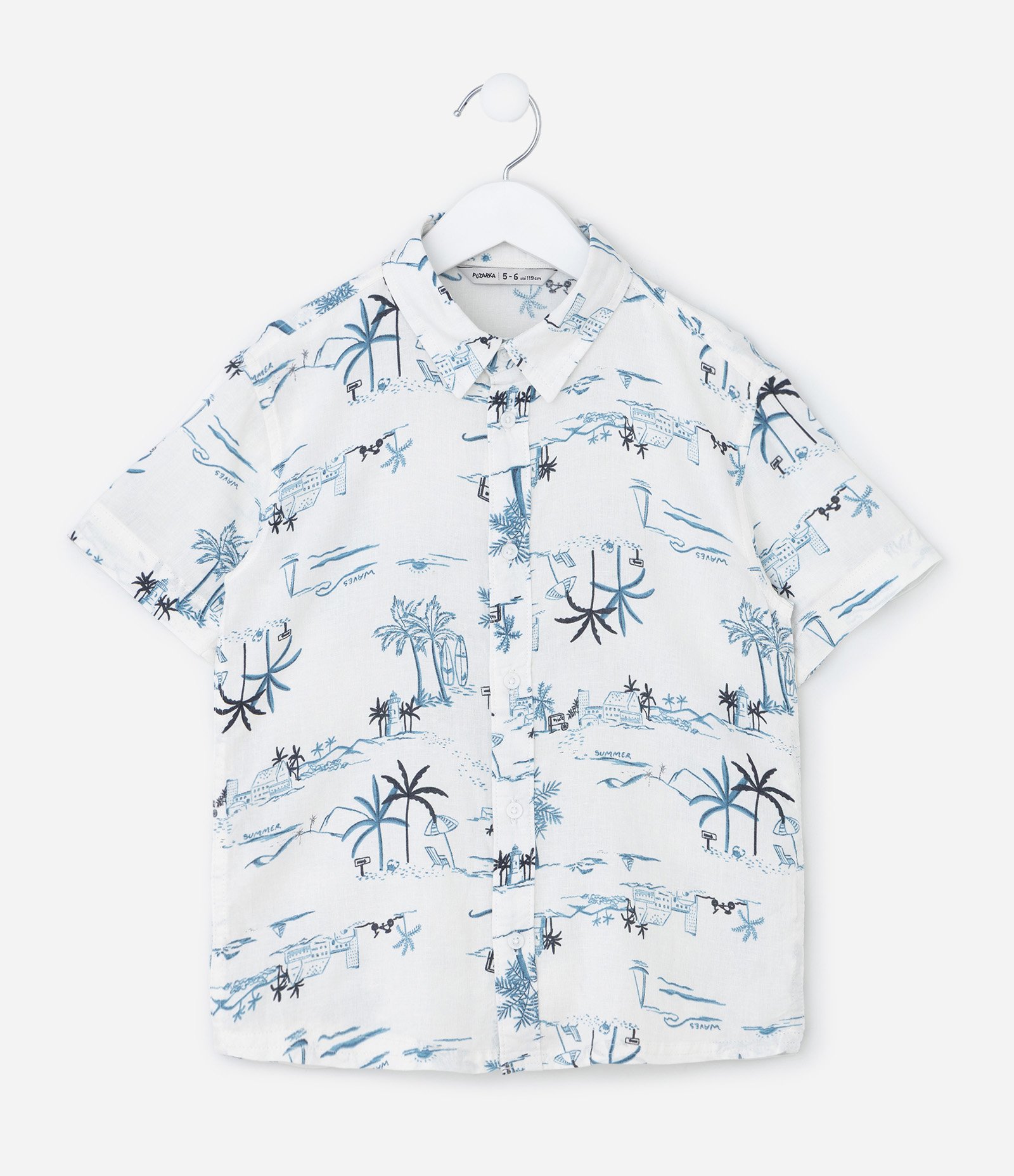 Camisa Infantil com Estampa Coqueiros - Tam 5 a 14 Anos Branco/Azul 1