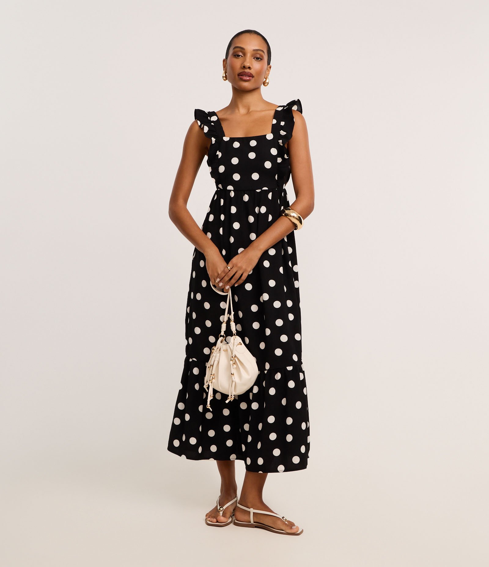 Vestido Evasê Longo em Airflow com Estampa Poá Preto/Branco 1