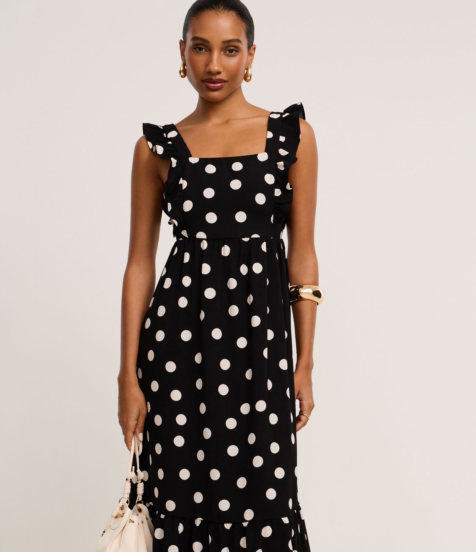 Vestido Evasê Longo em Airflow com Estampa Poá Preto/Branco 2